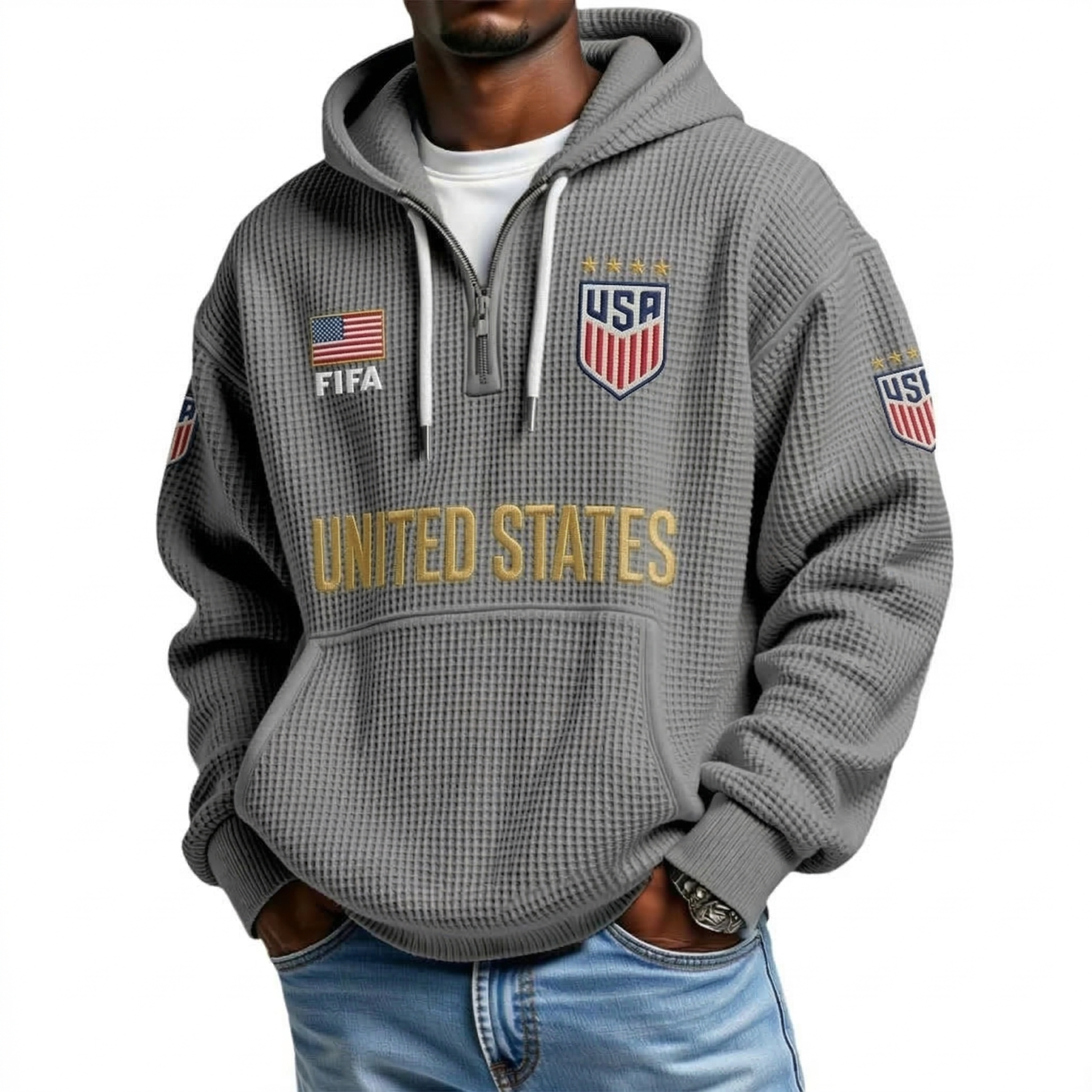 FIFA 2026 United States Printed Waffle Quarter Zip Football Fan Hoodie