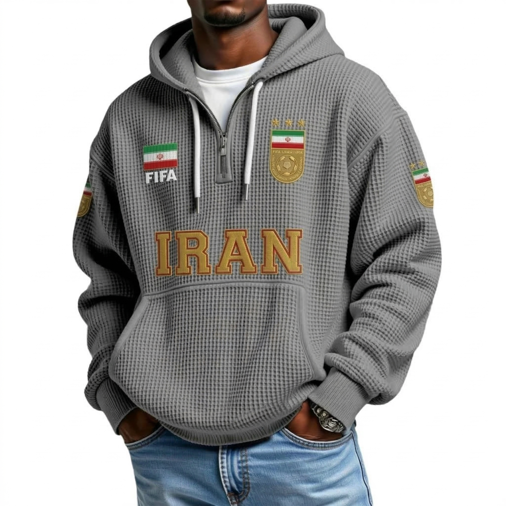 FIFA 2026 Iran Printed Waffle Quarter Zip Football Fan Hoodie