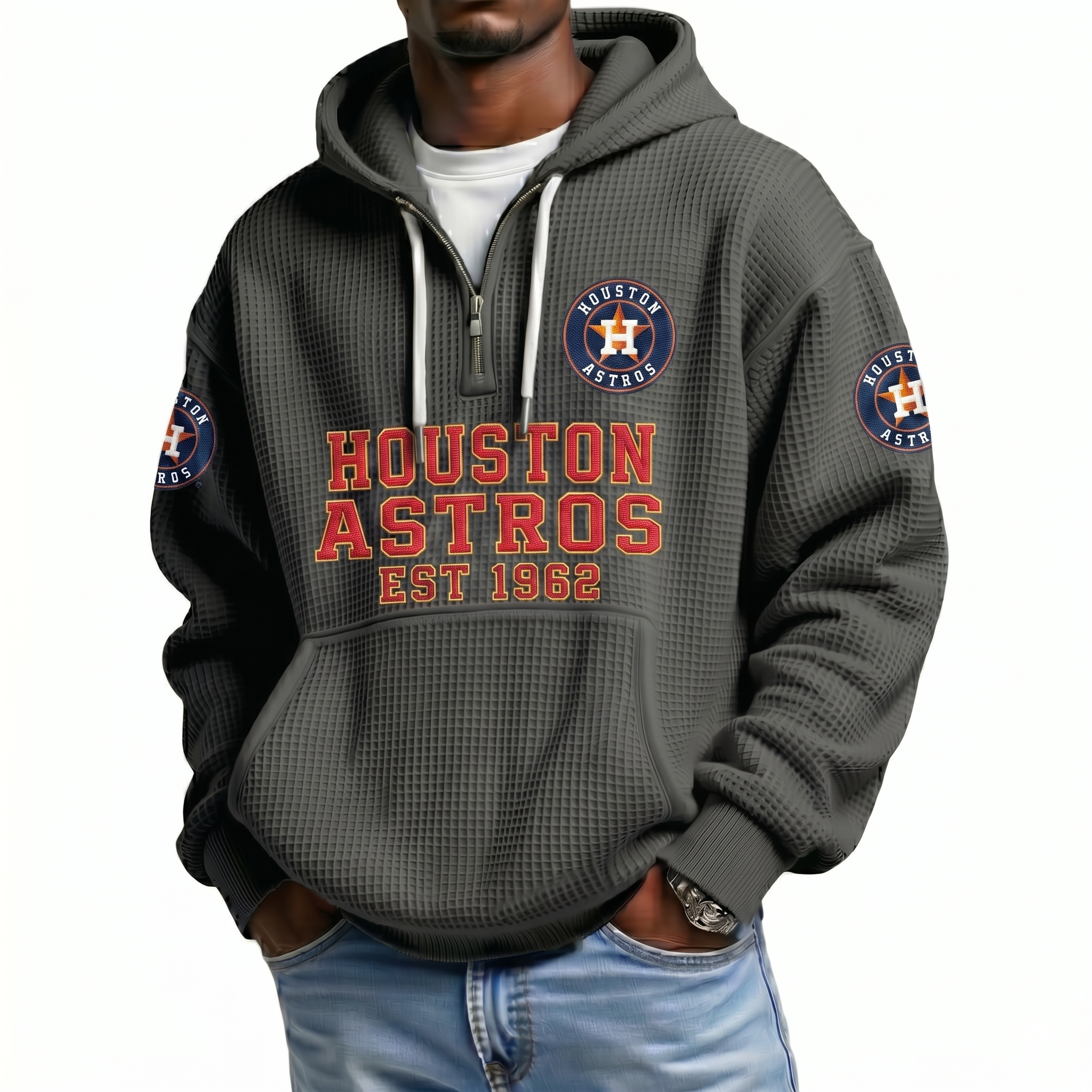 Houston Astros EST 1962 Printed Waffle Quarter Zip Baseball Fan Hoodie