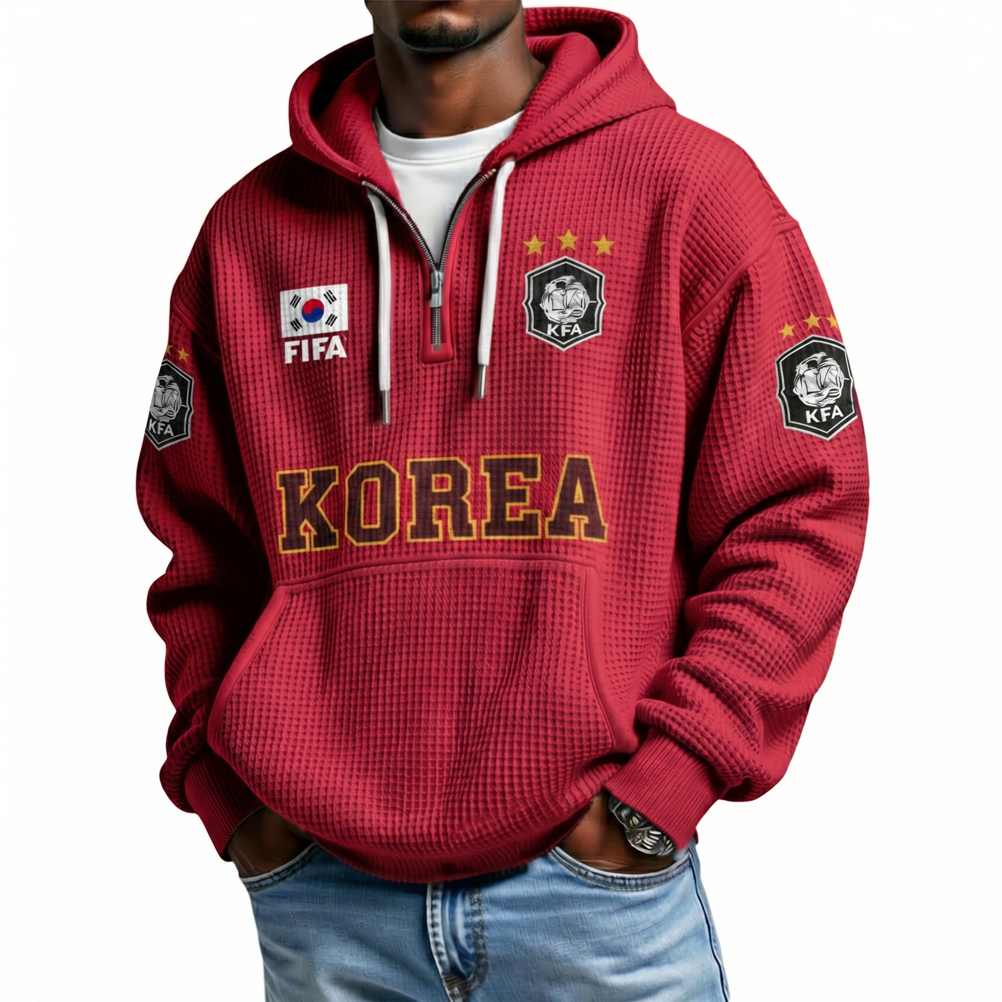 FIFA 2026 South Korea Printed Waffle Quarter Zip Football Fan Hoodie