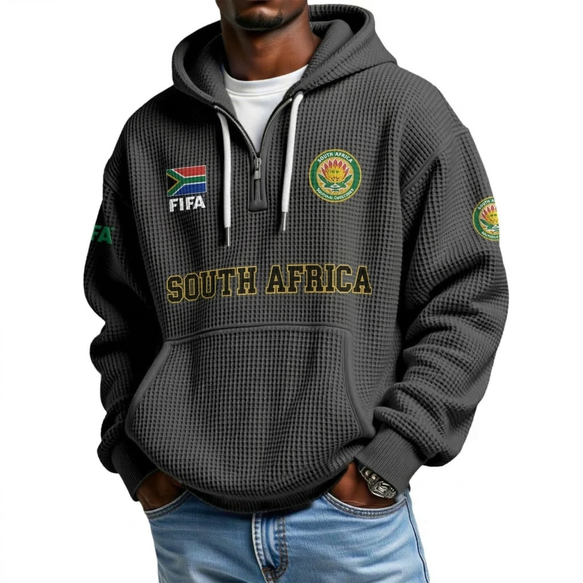 FIFA 2026 South Africa Printed Waffle Quarter Zip Football Fan Hoodie