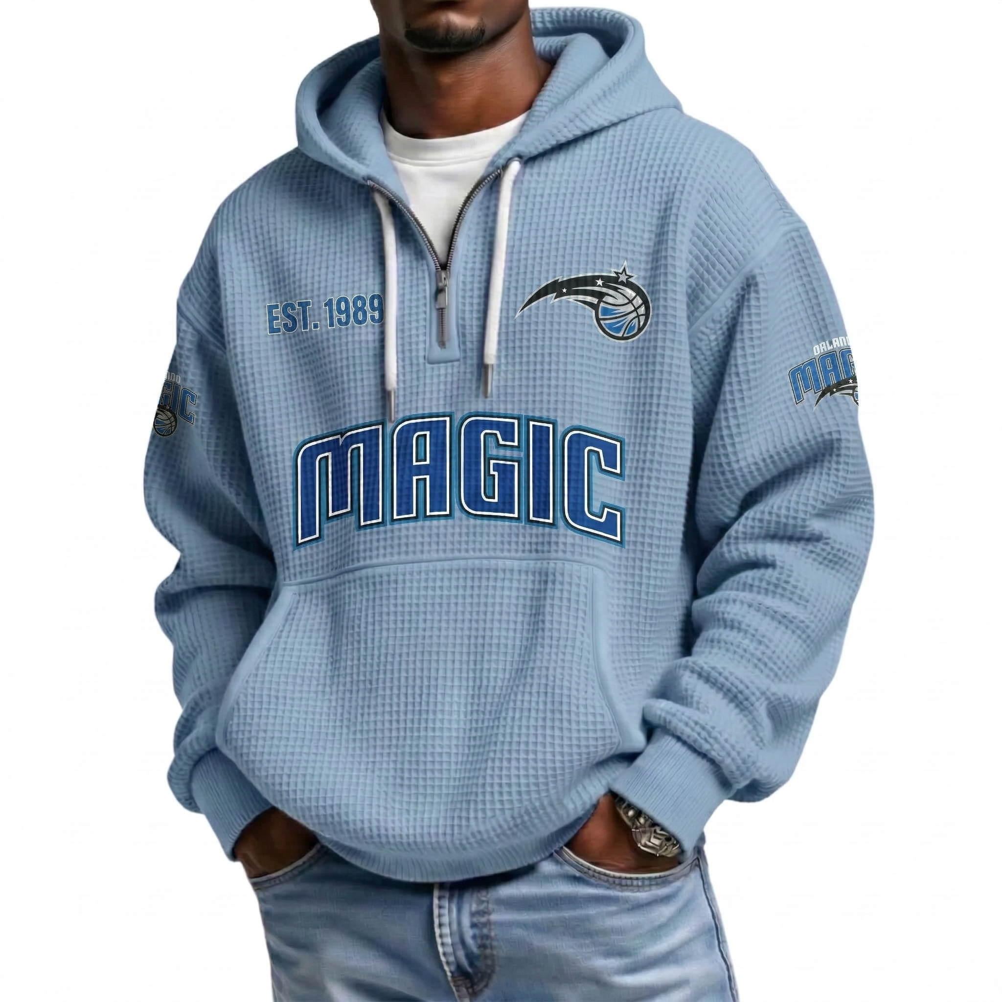 Orlando Magic EST 1989 Printed Waffle Quarter Zip Basketball Fan Hoodie