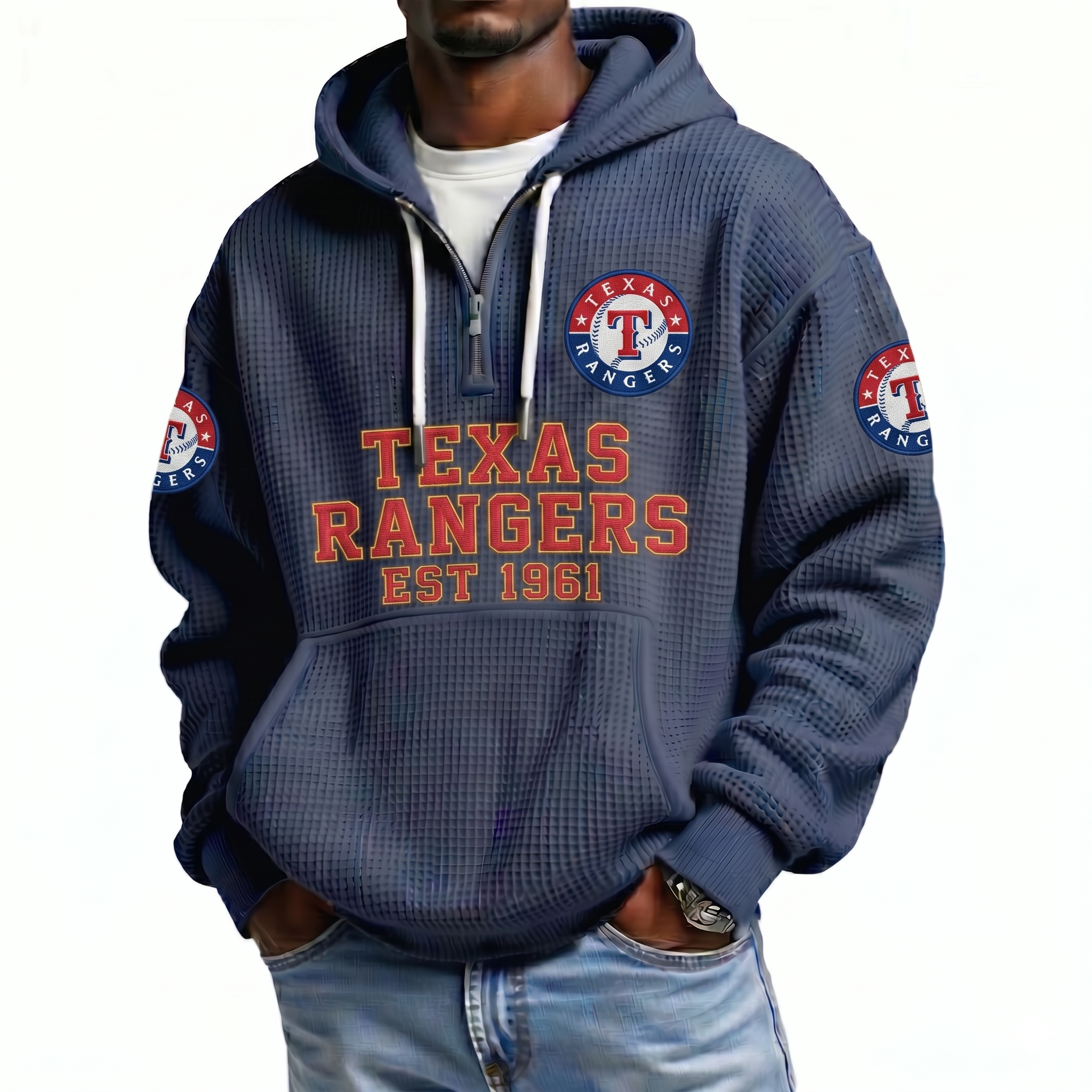 Texas Rangers EST 1961 Printed Waffle Quarter Zip Baseball Fan Hoodie