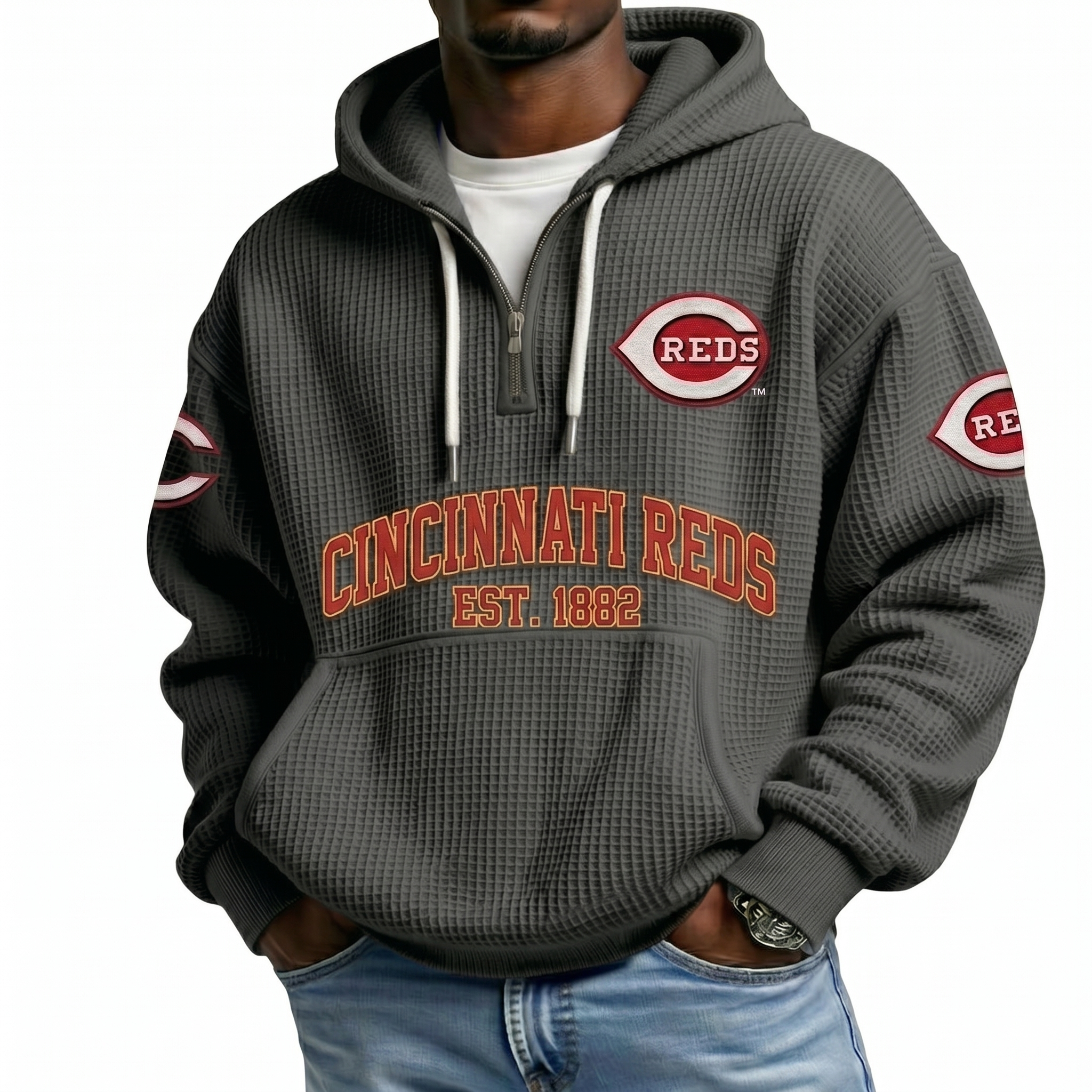 Cincinnati Reds EST 1882 Printed Waffle Quarter Zip Baseball Fan Hoodie