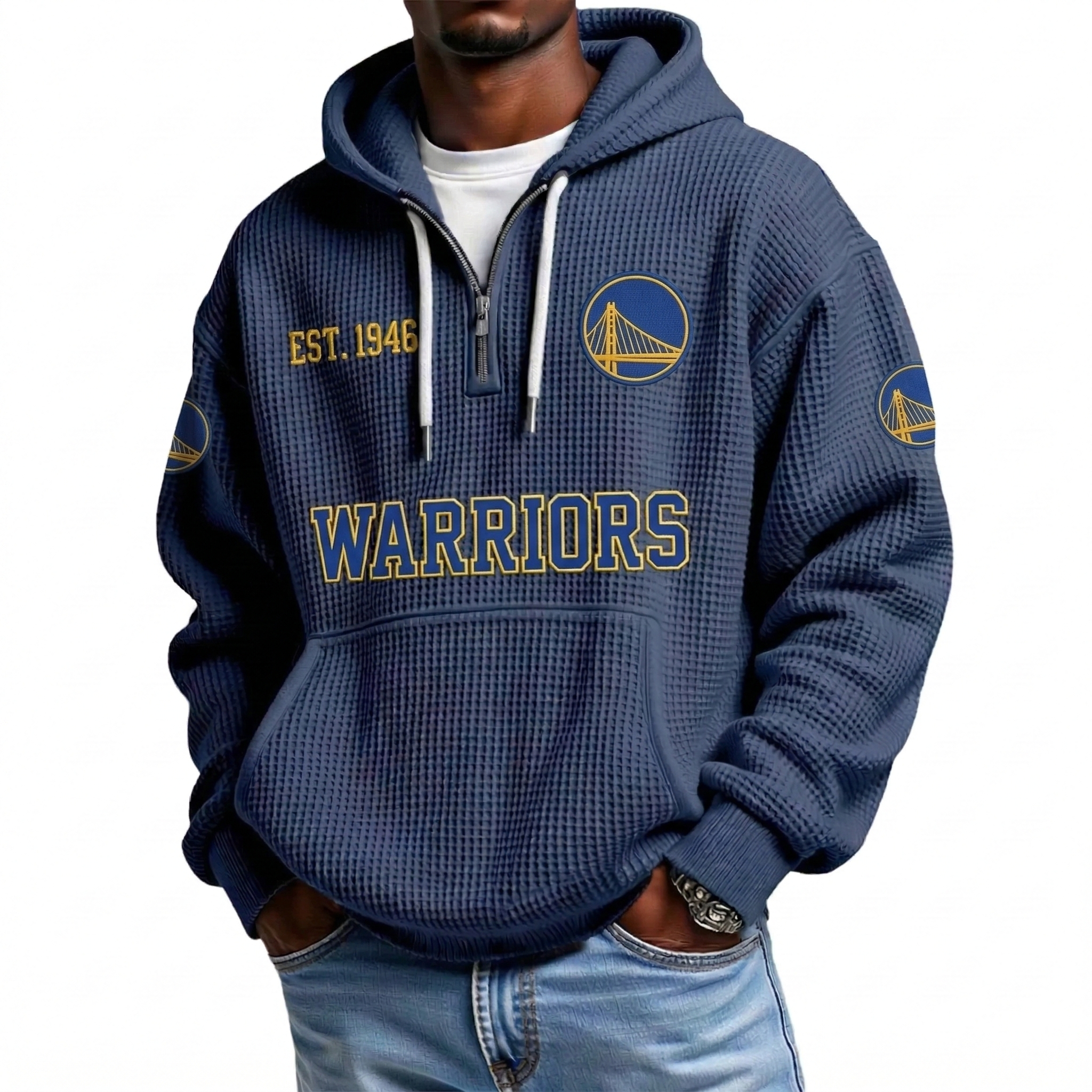 Golden State Warriors EST 1946 Printed Waffle Quarter Zip Basketball Fan Hoodie