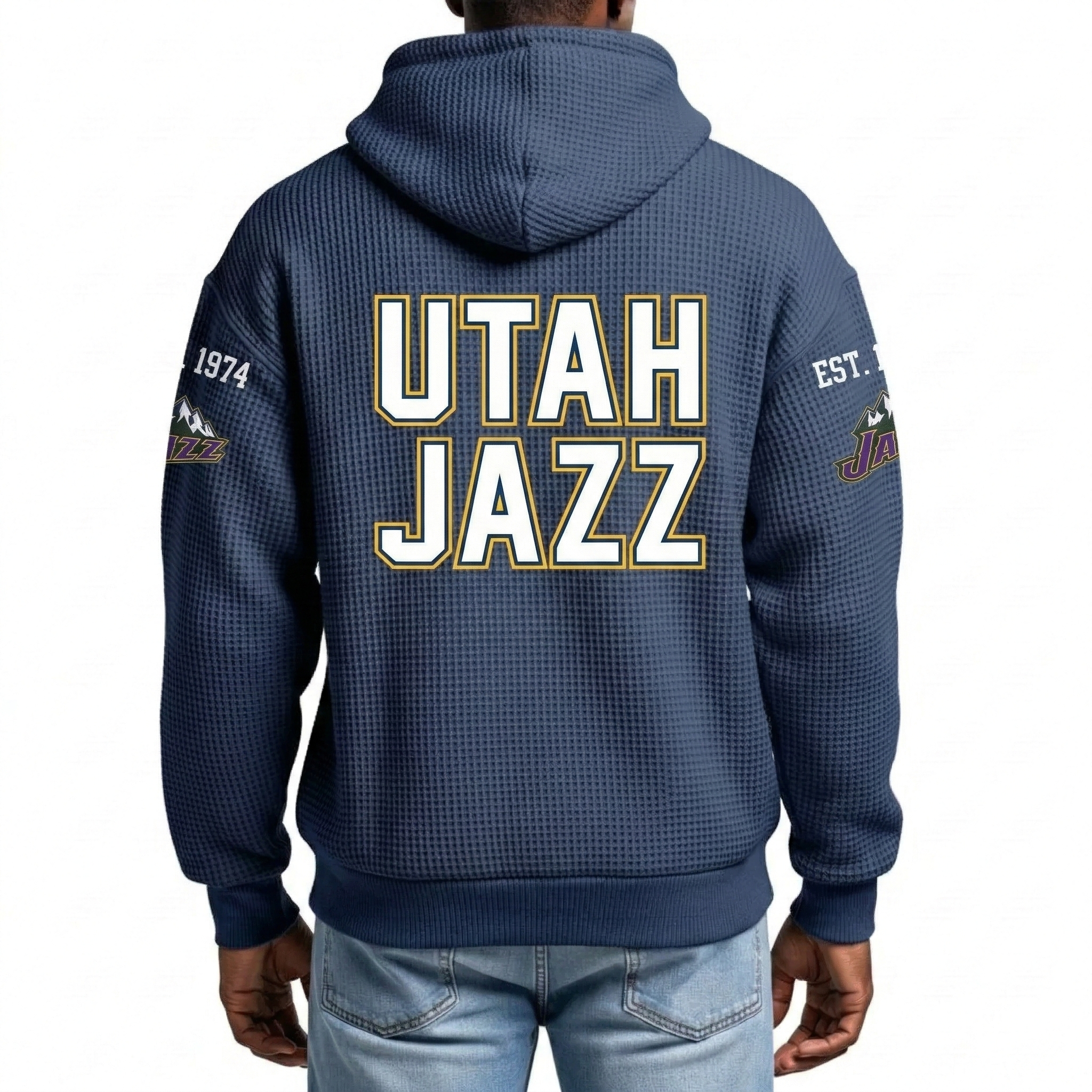 Utah Jazz EST 1974 Printed Waffle Quarter Zip Basketball Fan Hoodie
