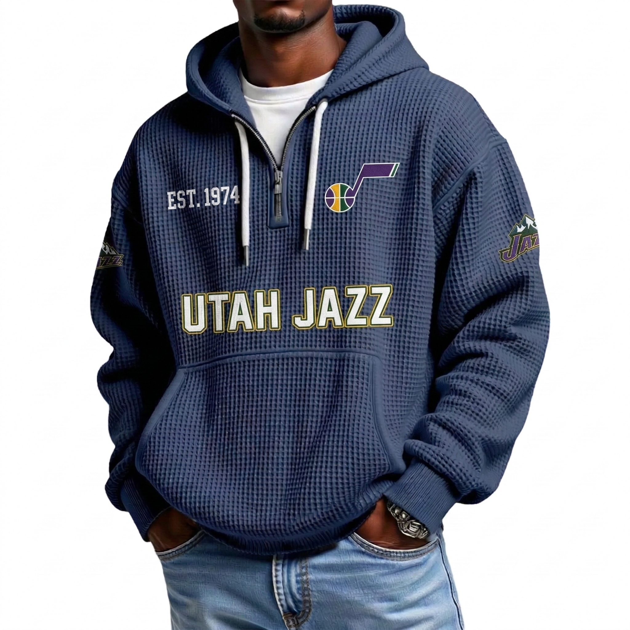 Utah Jazz EST 1974 Printed Waffle Quarter Zip Basketball Fan Hoodie