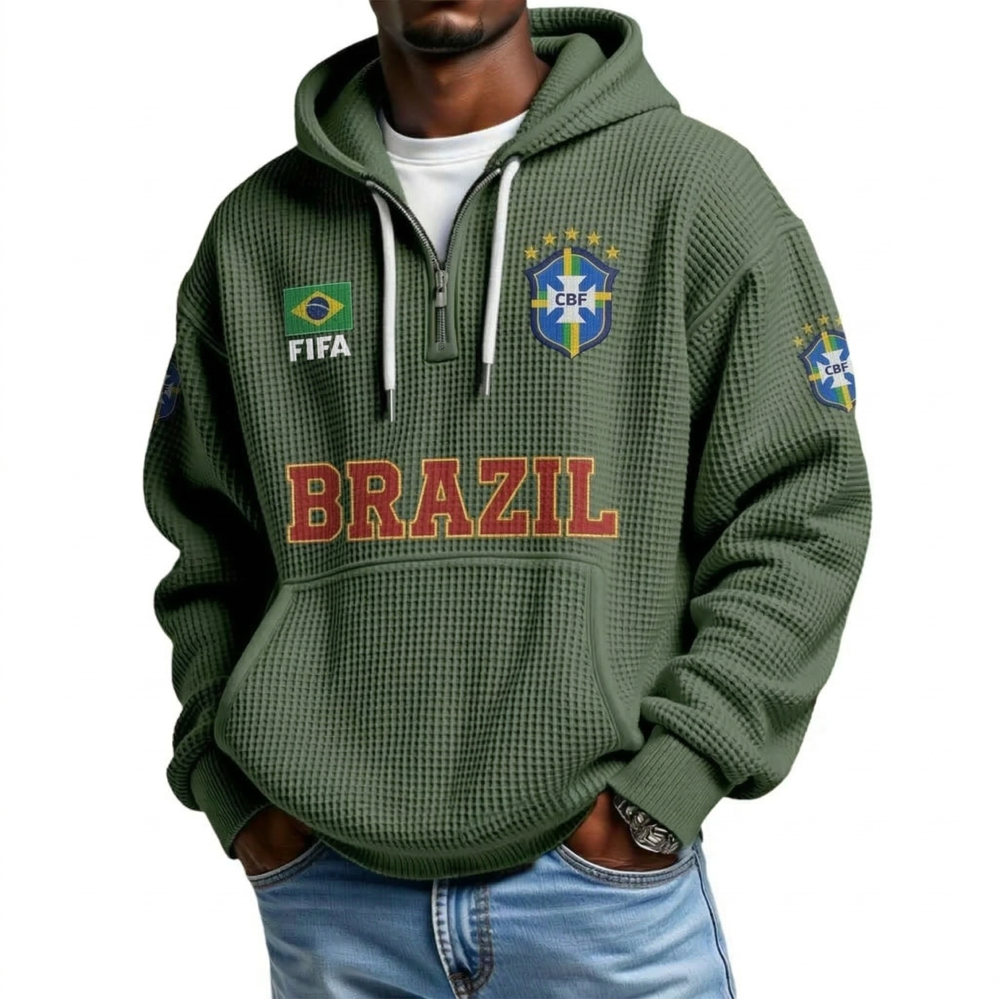 FIFA 2026 Brazil Printed Waffle Quarter Zip Football Fan Hoodie