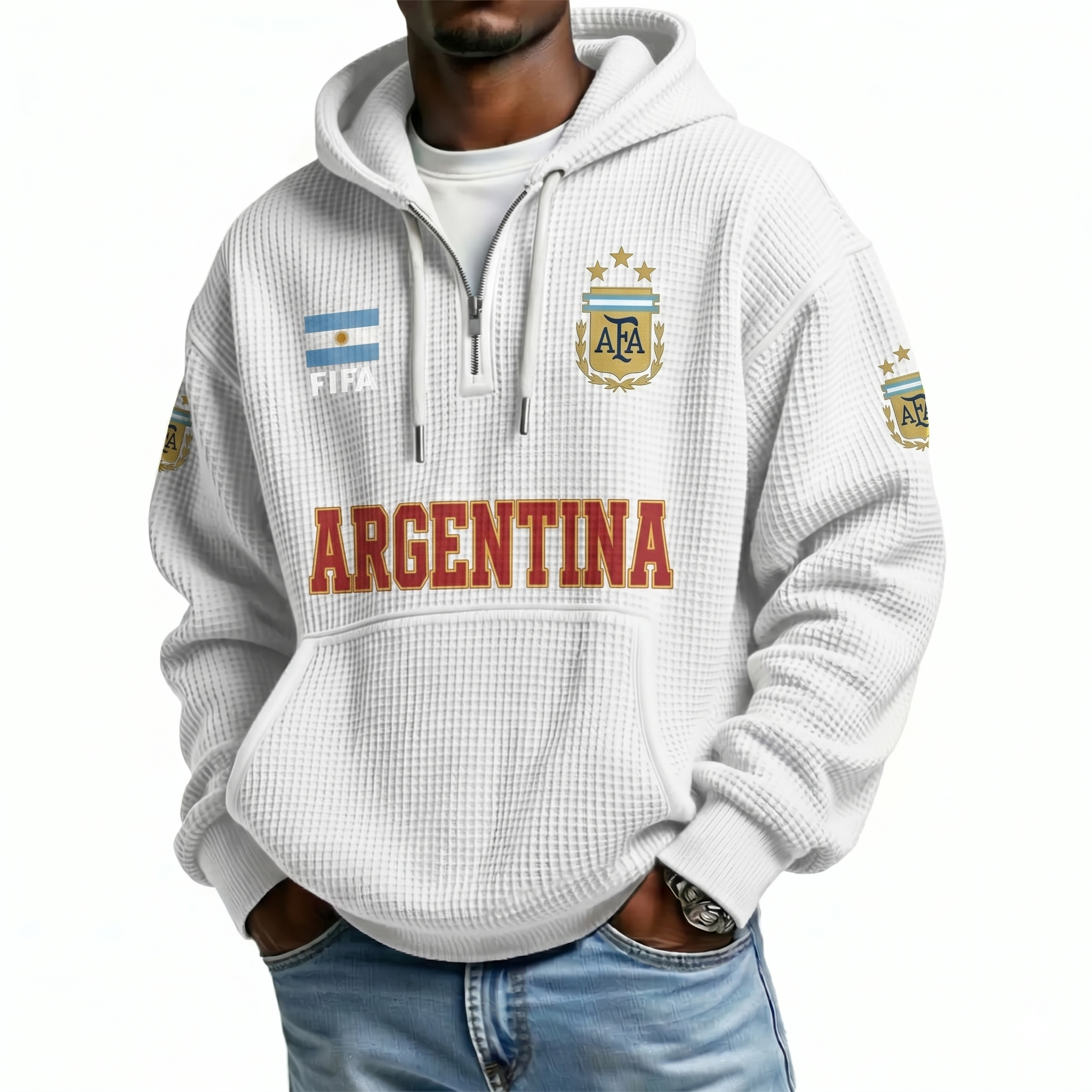 FIFA 2026 Argentina Printed Waffle Quarter Zip Football Fan Hoodie