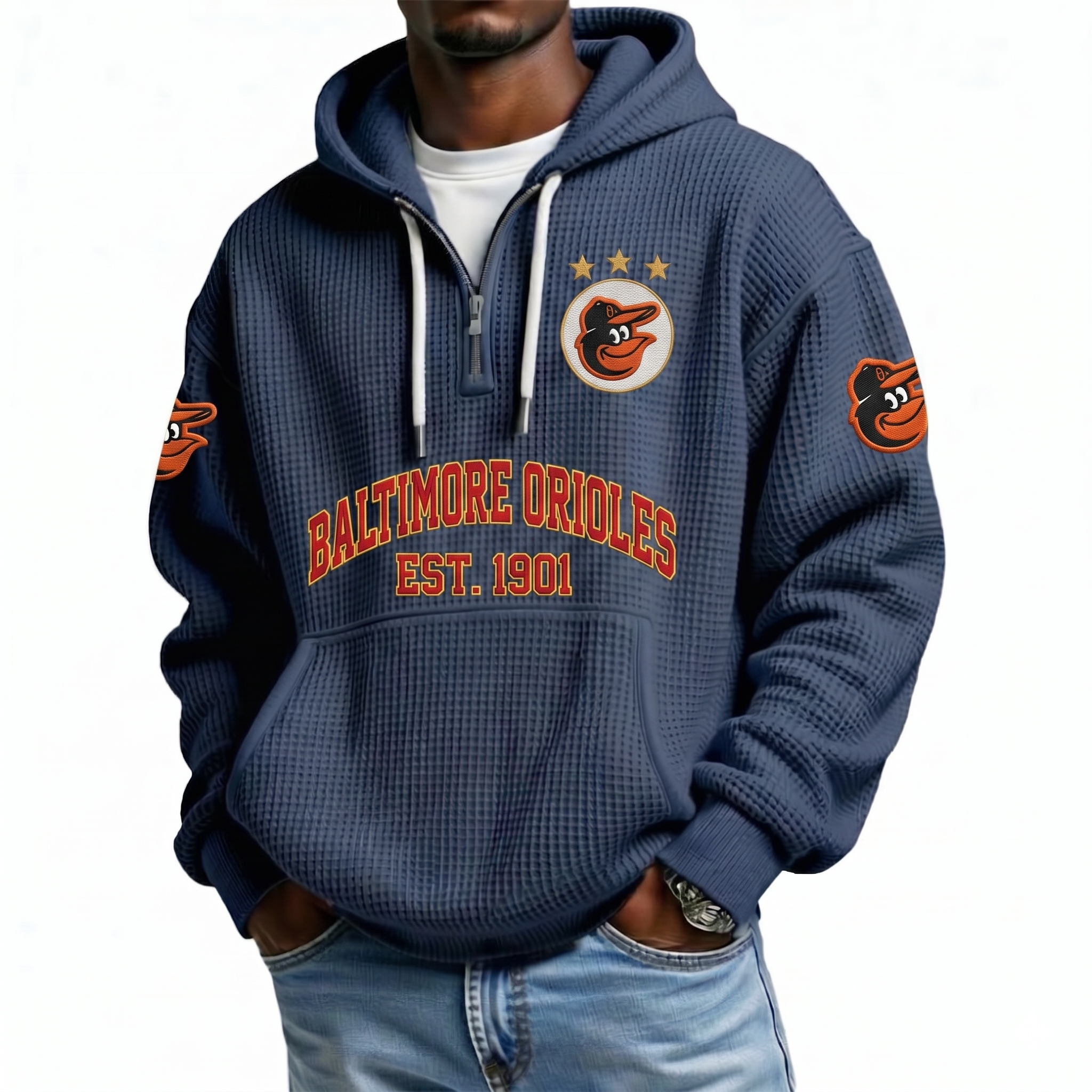 Baltimore Orioles EST 1901 Printed Waffle Quarter Zip Baseball Fan Hoodie