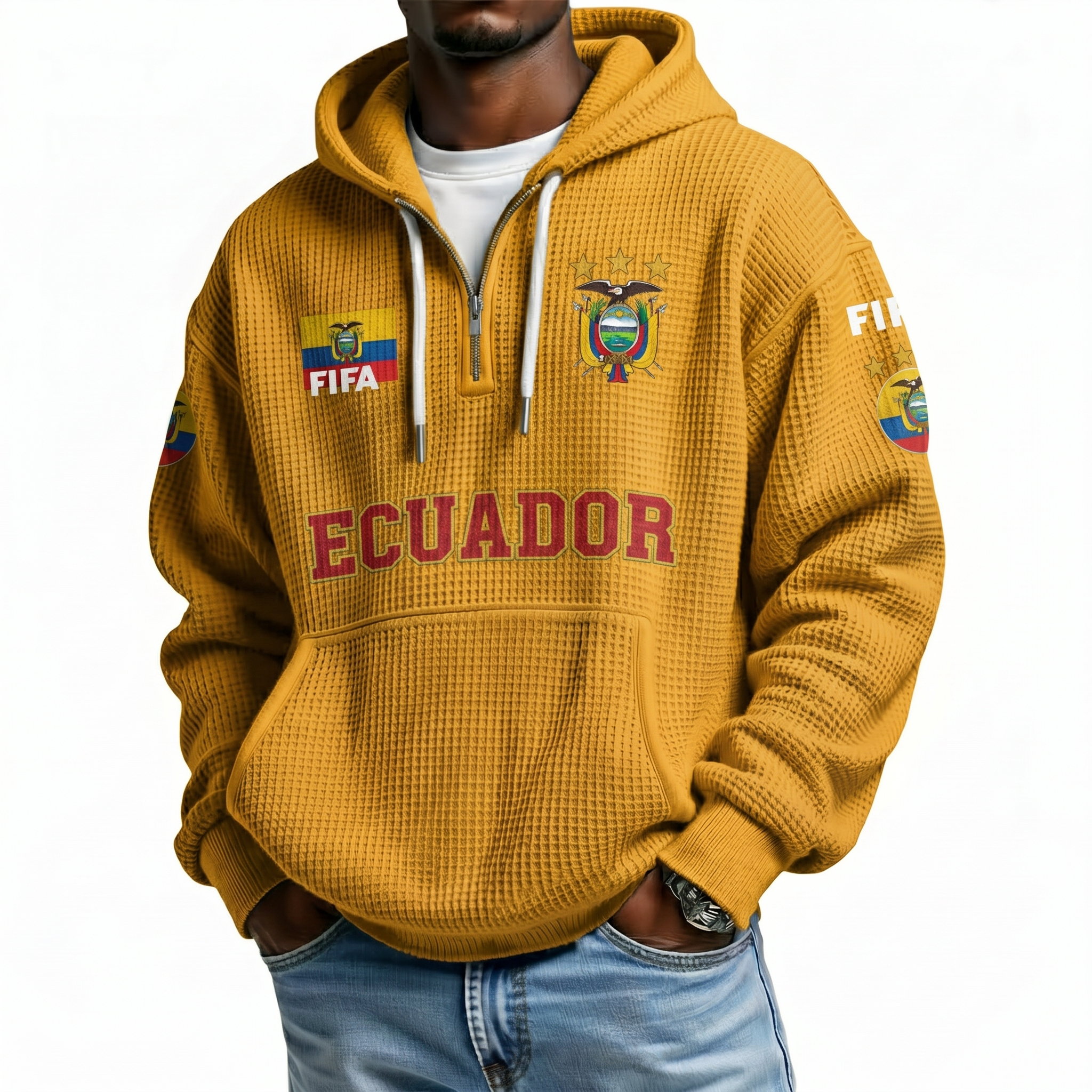 FIFA 2026 Ecuador Printed Waffle Quarter Zip Football Fan Hoodie