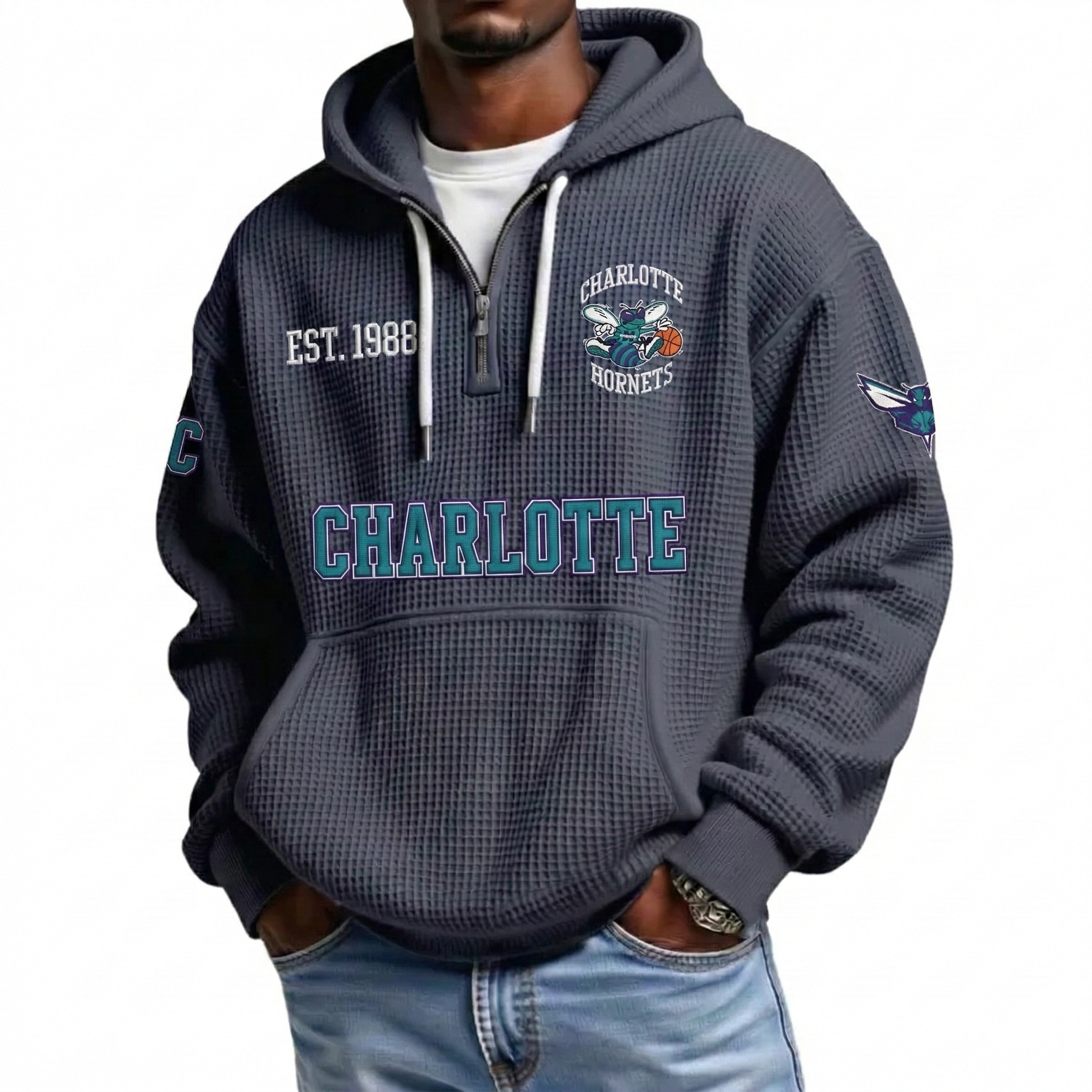 Charlotte Hornets EST 1988 Printed Waffle Quarter Zip Basketball Fan Hoodie