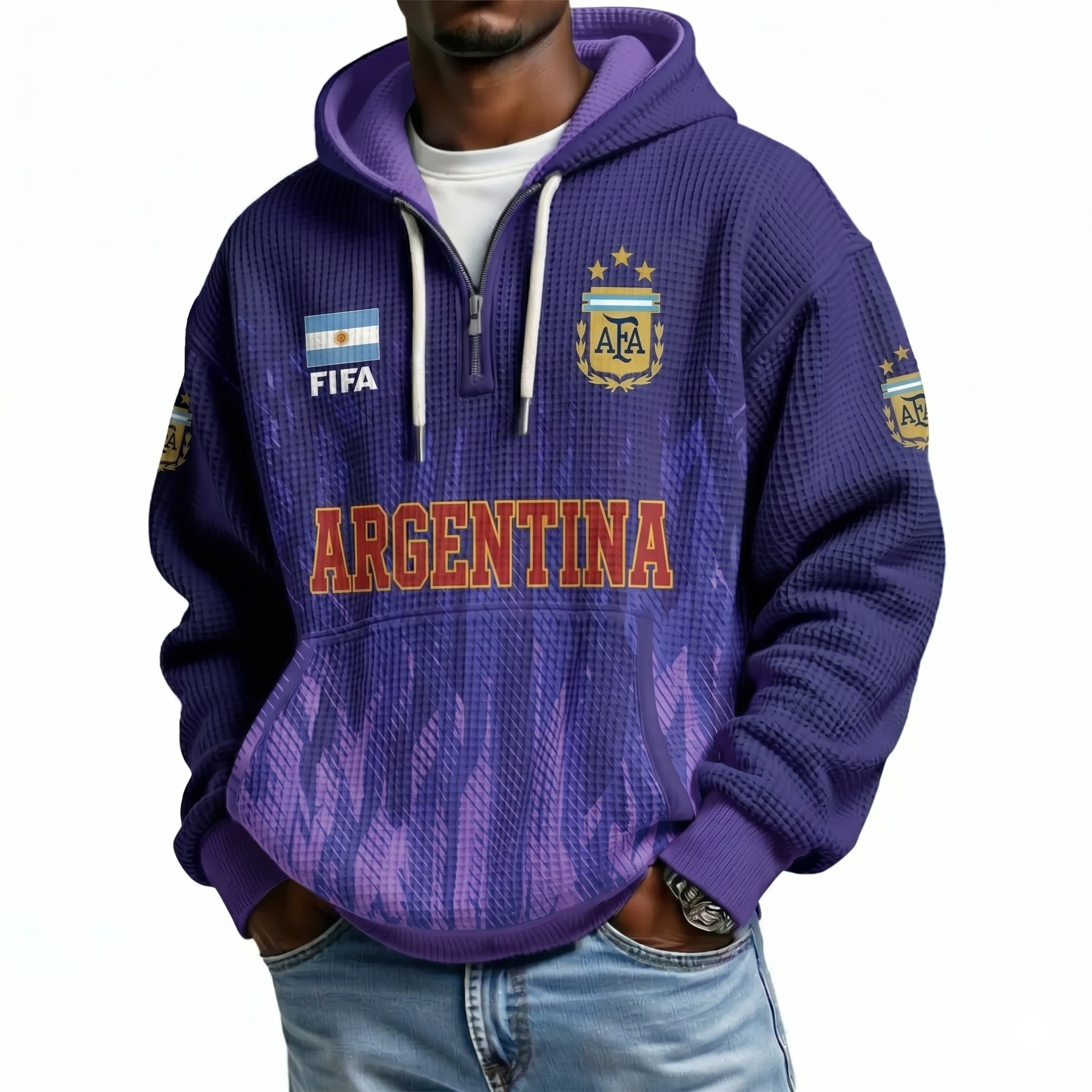 FIFA 2026 Argentina Printed Waffle Quarter Zip Football Fan Hoodie