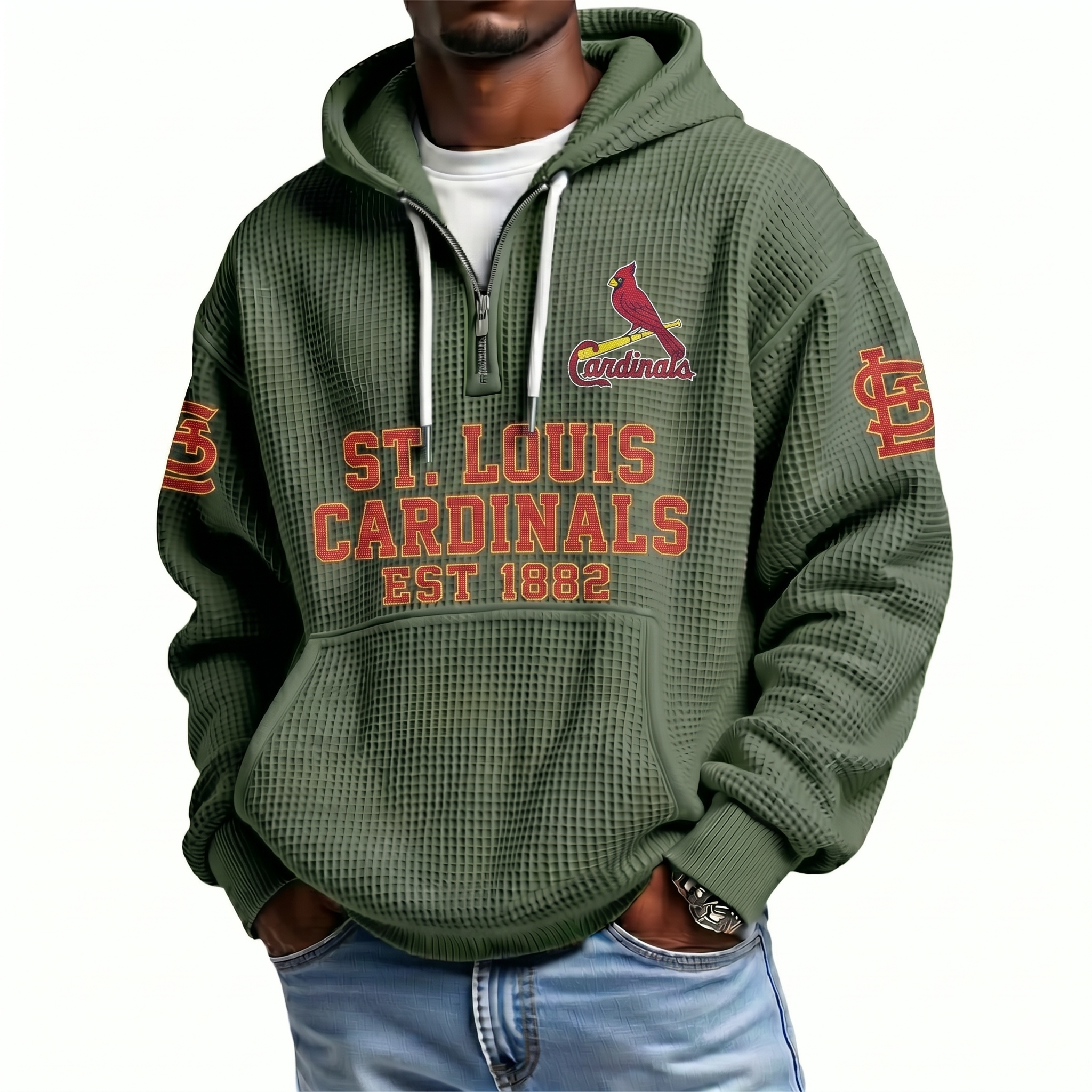 St. Louis Cardinals EST 1882 Printed Waffle Quarter Zip Baseball Fan Hoodie