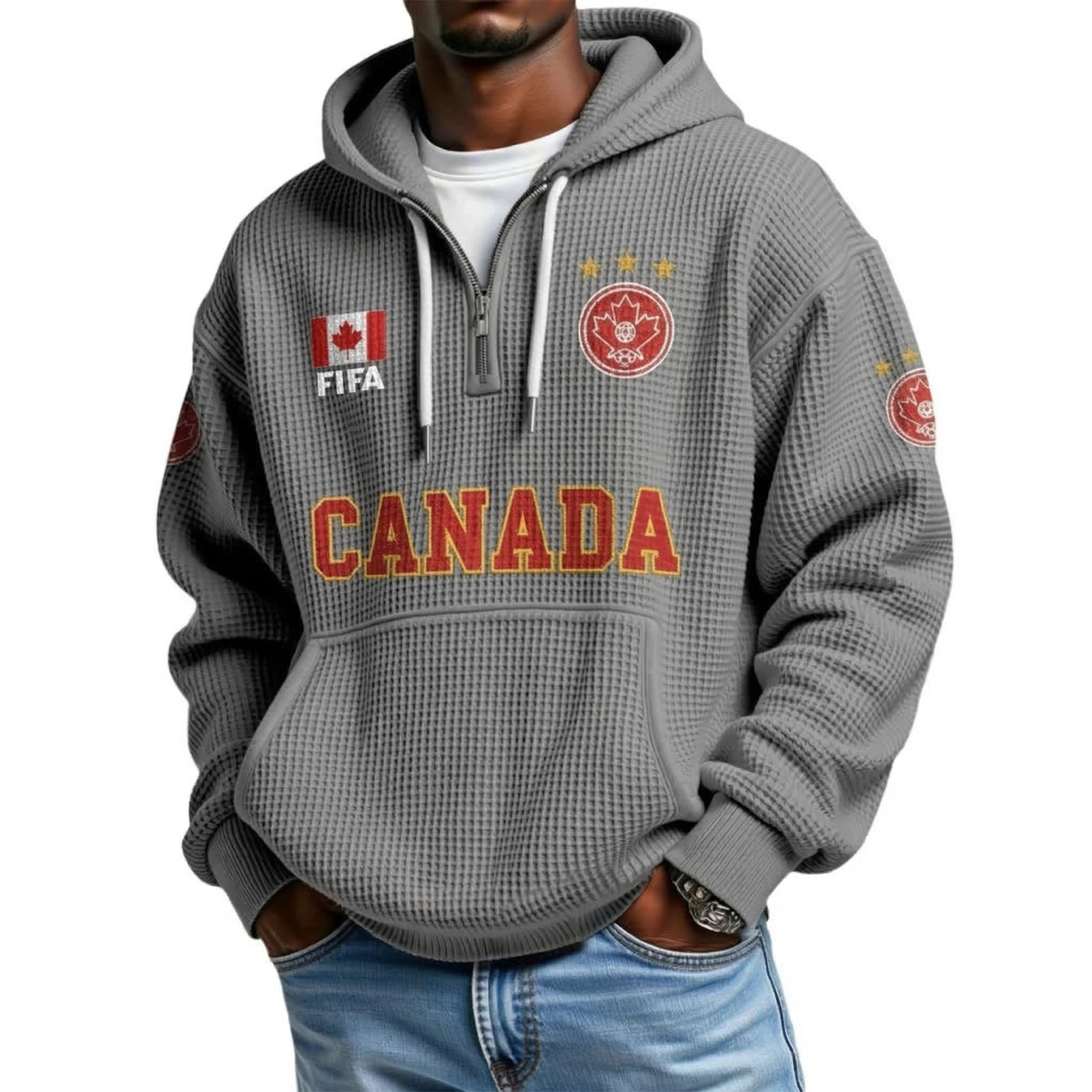 FIFA 2026 Canada Printed Waffle Quarter Zip Football Fan Hoodie