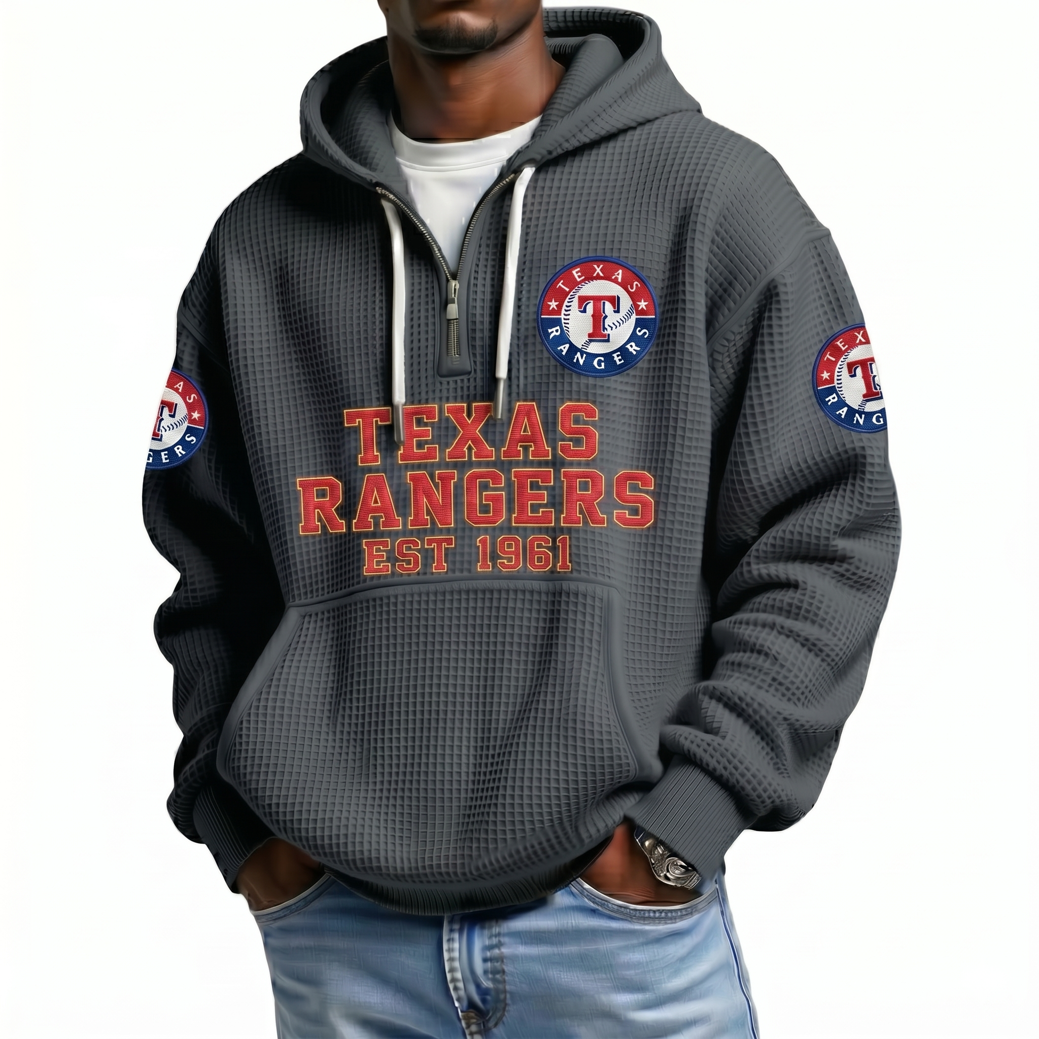 Texas Rangers EST 1961 Printed Waffle Quarter Zip Baseball Fan Hoodie