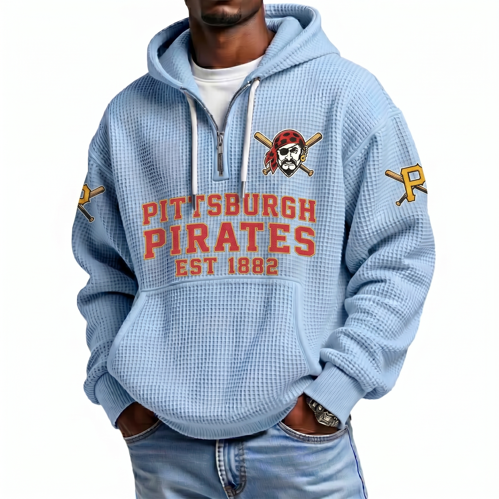 Pittsburgh Pirates EST 1882 Printed Waffle Quarter Zip Baseball Fan Hoodie