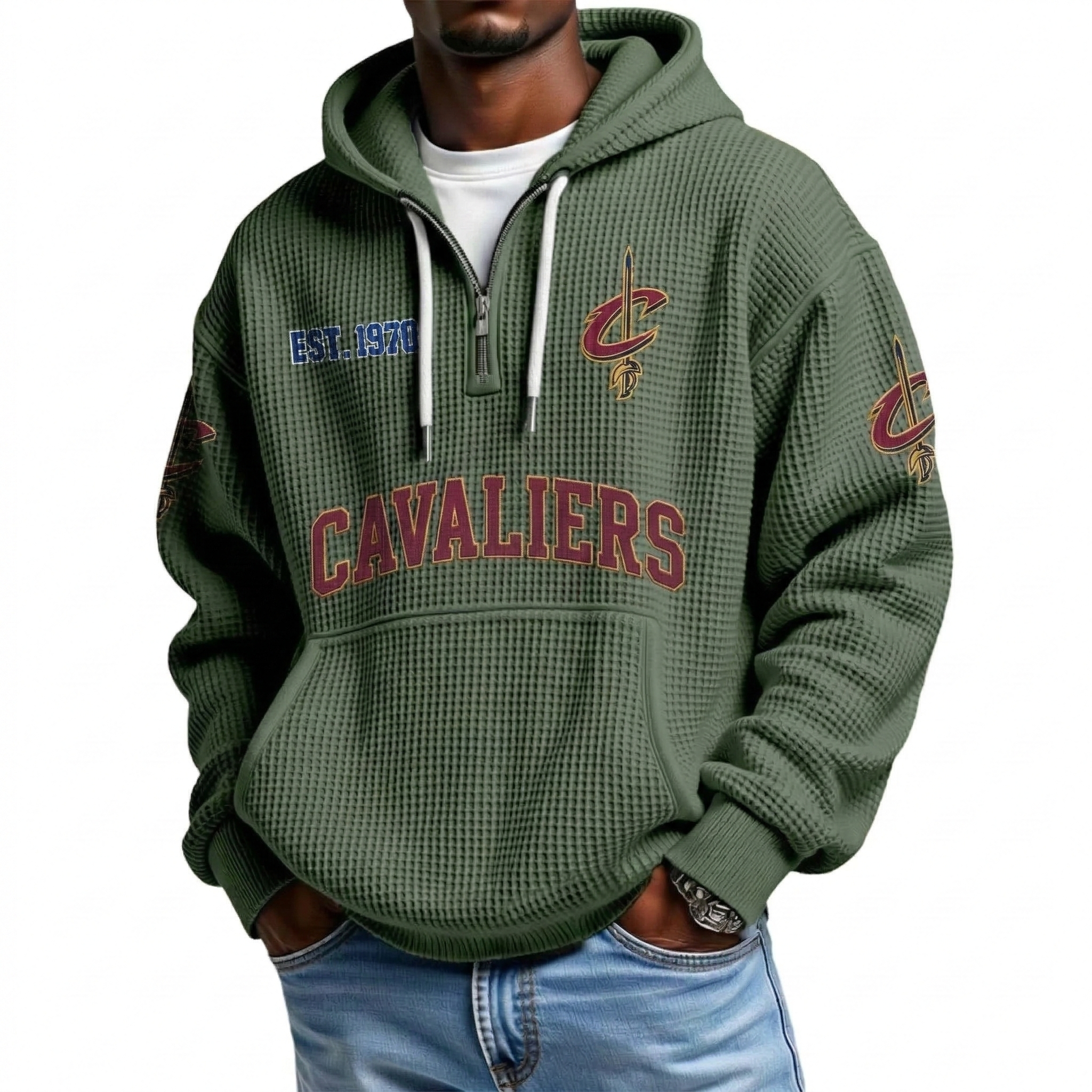Cleveland Cavaliers EST 1970 Printed Waffle Quarter Zip Basketball Fan Hoodie