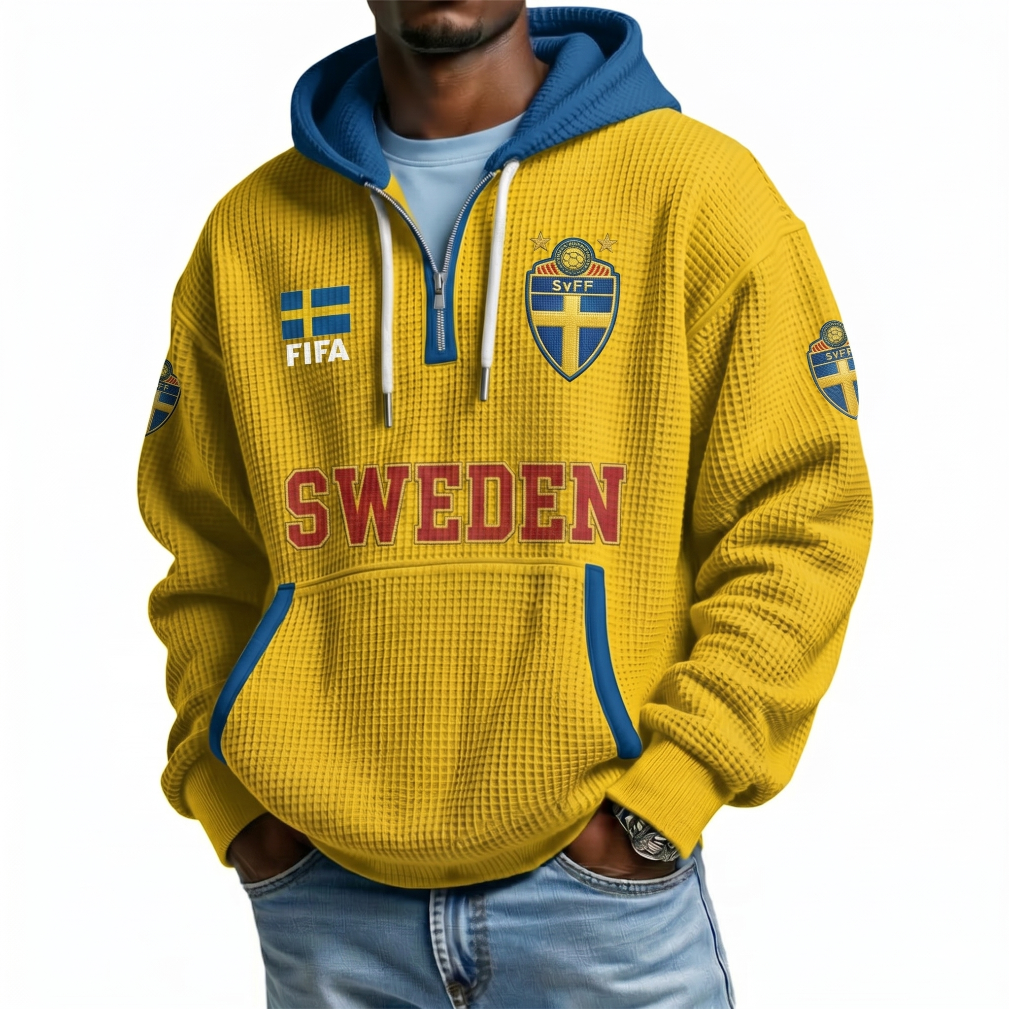FIFA 2026 Sweden Printed Waffle Quarter Zip Football Fan Hoodie