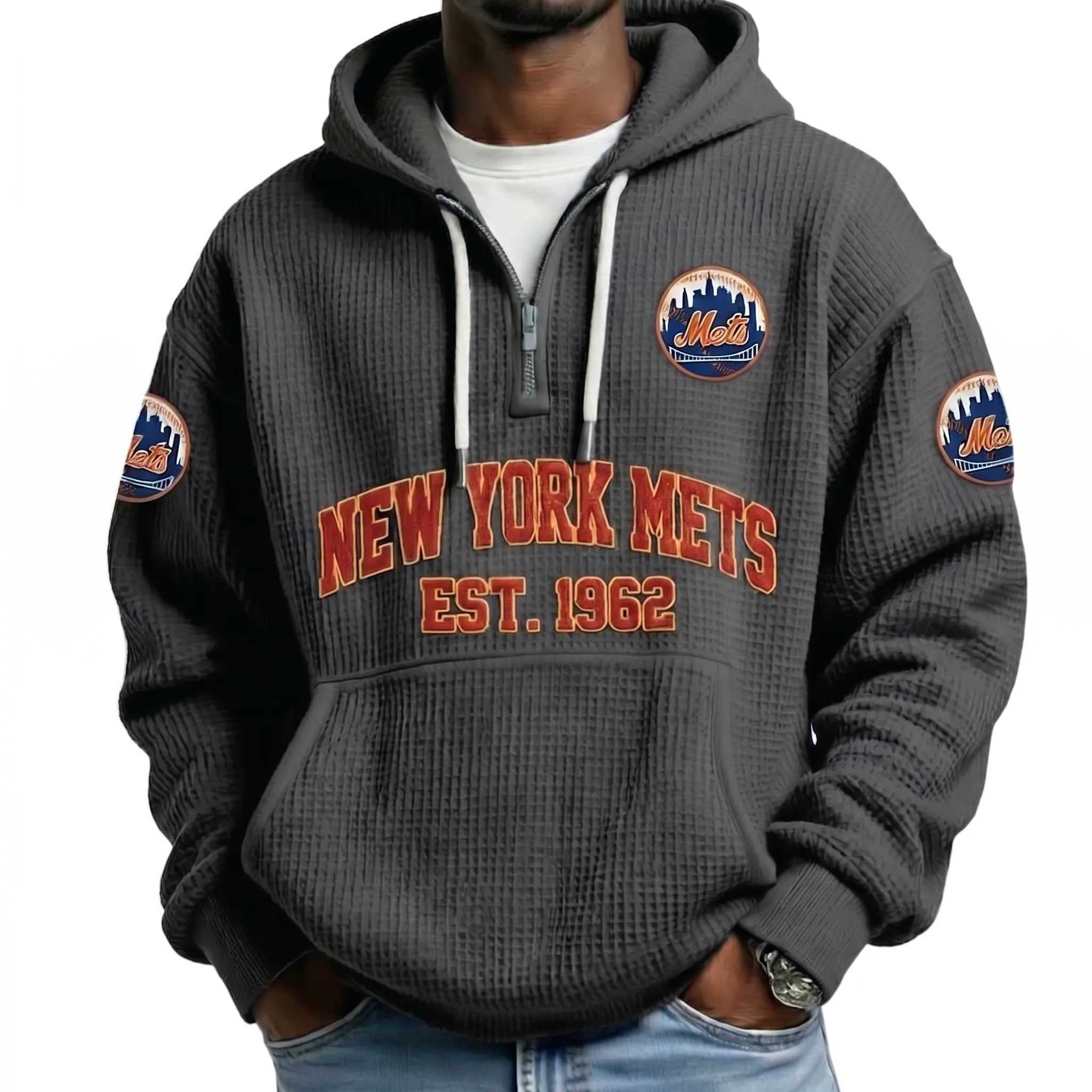 New York Mets EST 1962 Printed Waffle Quarter Zip Baseball Fan Hoodie