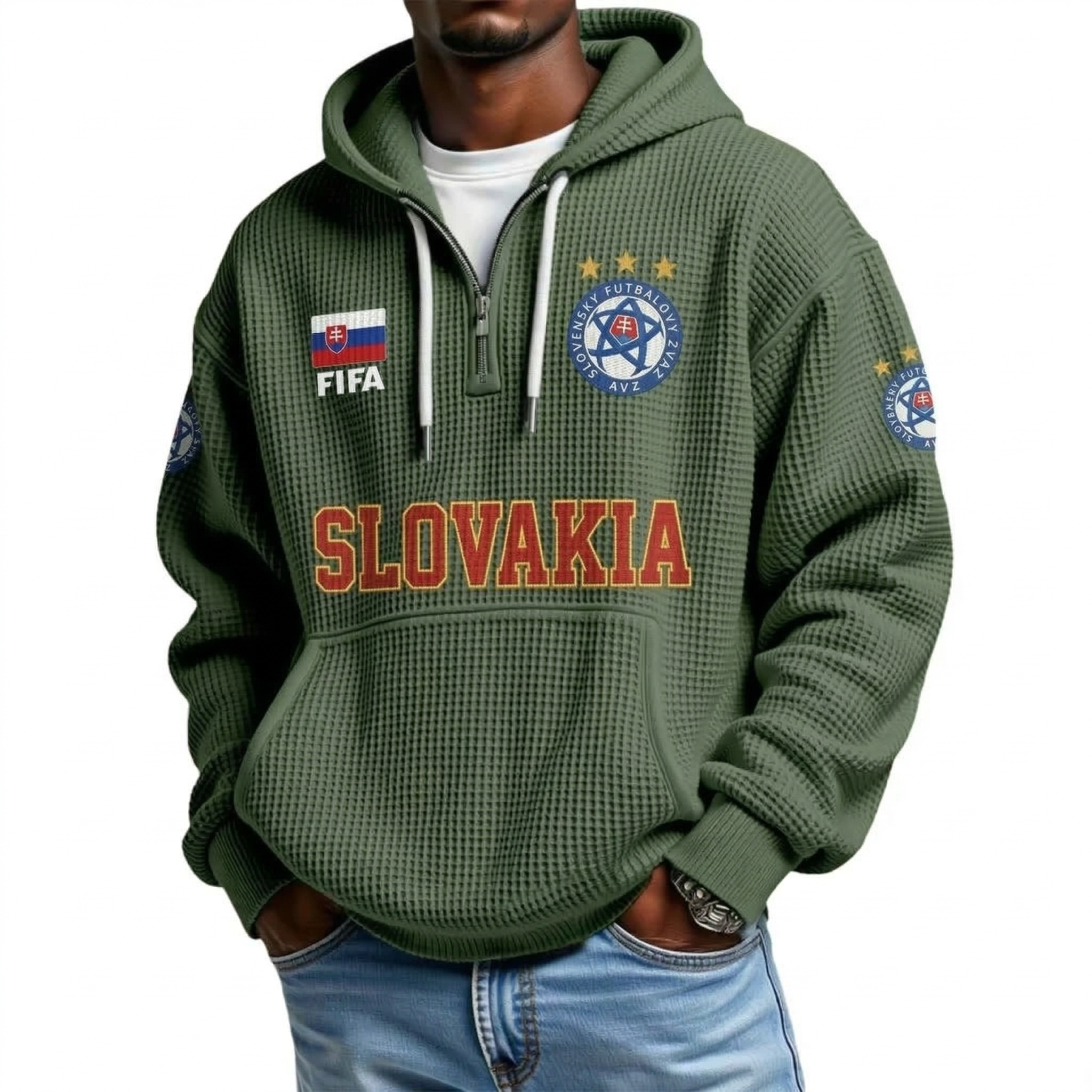 FIFA 2026 Slovakia Printed Waffle Quarter Zip Football Fan Hoodie