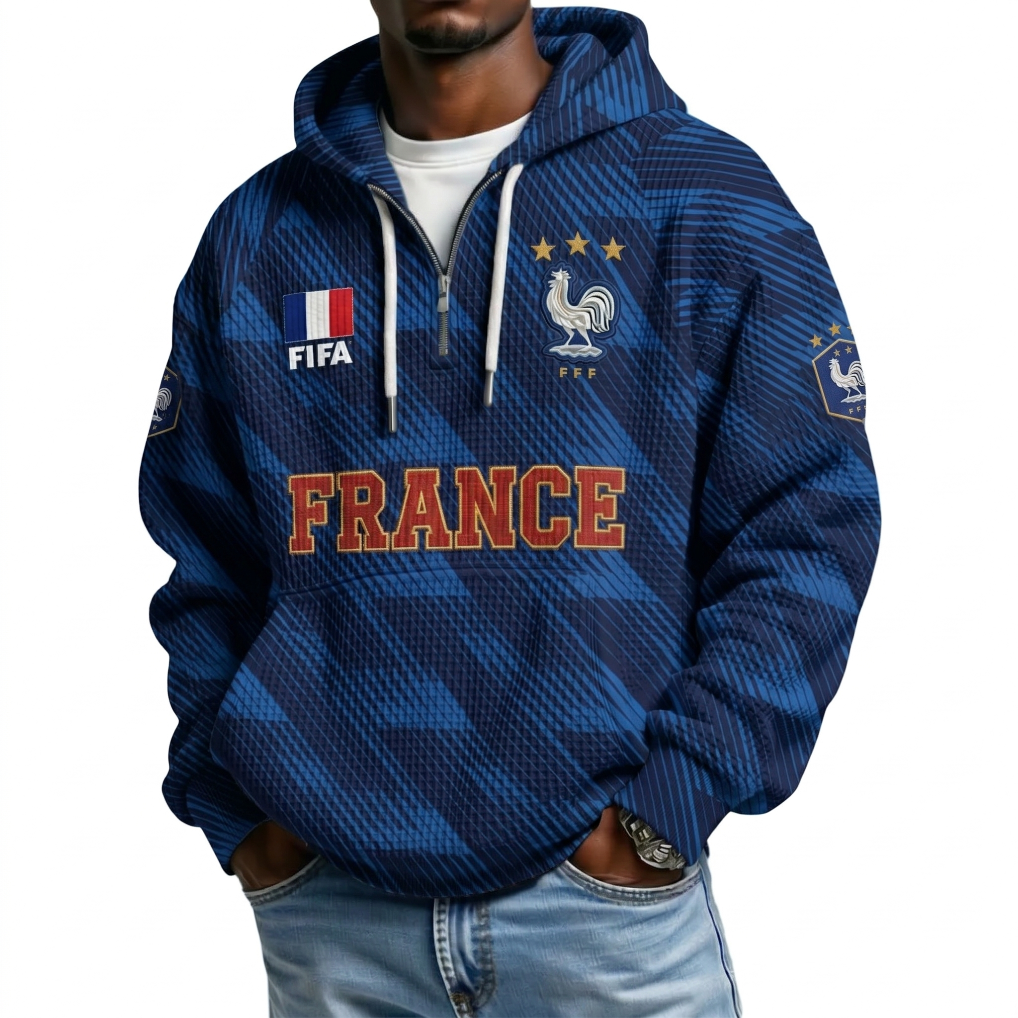 FIFA 2026 France Printed Waffle Quarter Zip Football Fan Hoodie