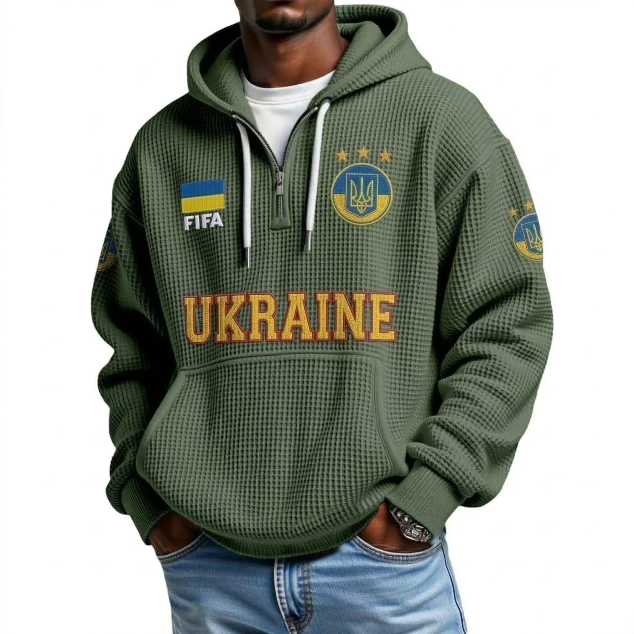 FIFA 2026 Ukraine Printed Waffle Quarter Zip Football Fan Hoodie
