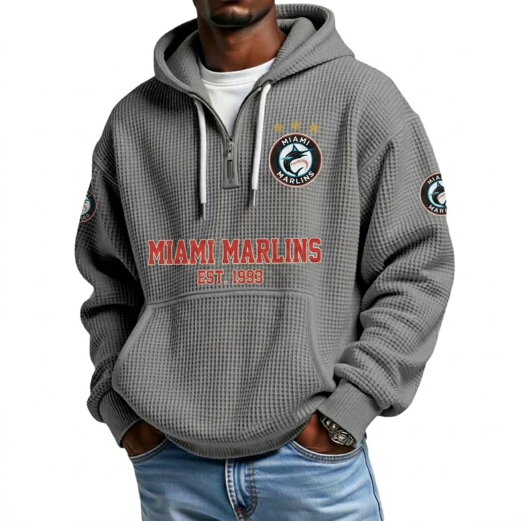 Miami Marlins EST 1993 Printed Waffle Quarter Zip Baseball Fan Hoodie