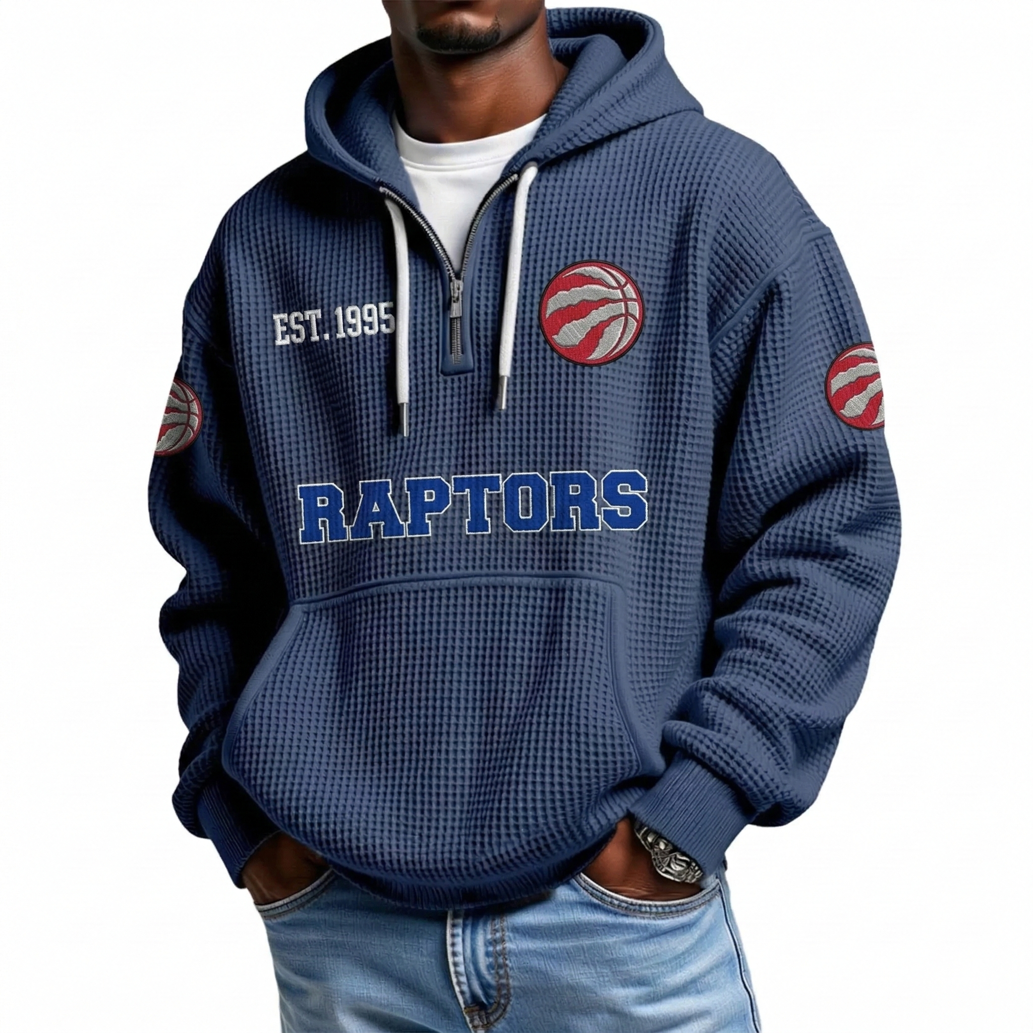 Toronto Raptors EST 1995 Printed Waffle Quarter Zip Basketball Fan Hoodie
