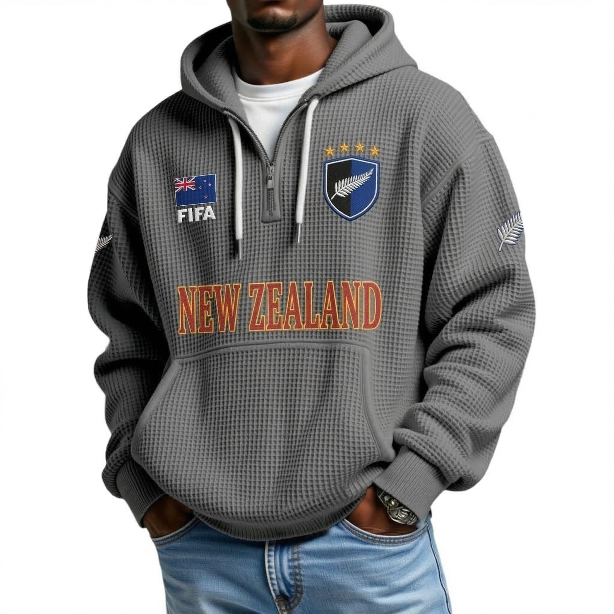FIFA 2026 New Zealand Printed Waffle Quarter Zip Football Fan Hoodie
