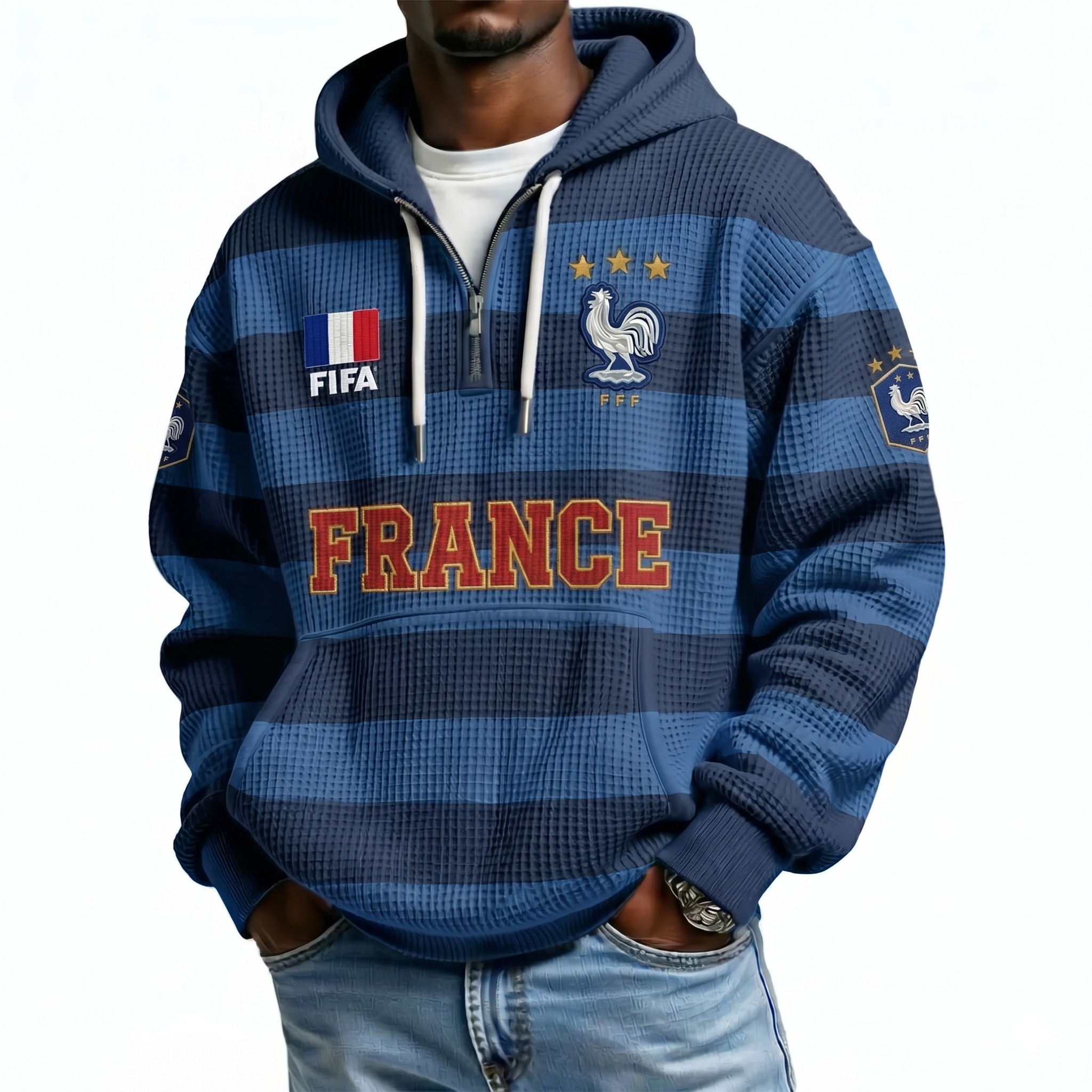 FIFA 2026 France Printed Waffle Quarter Zip Football Fan Hoodie