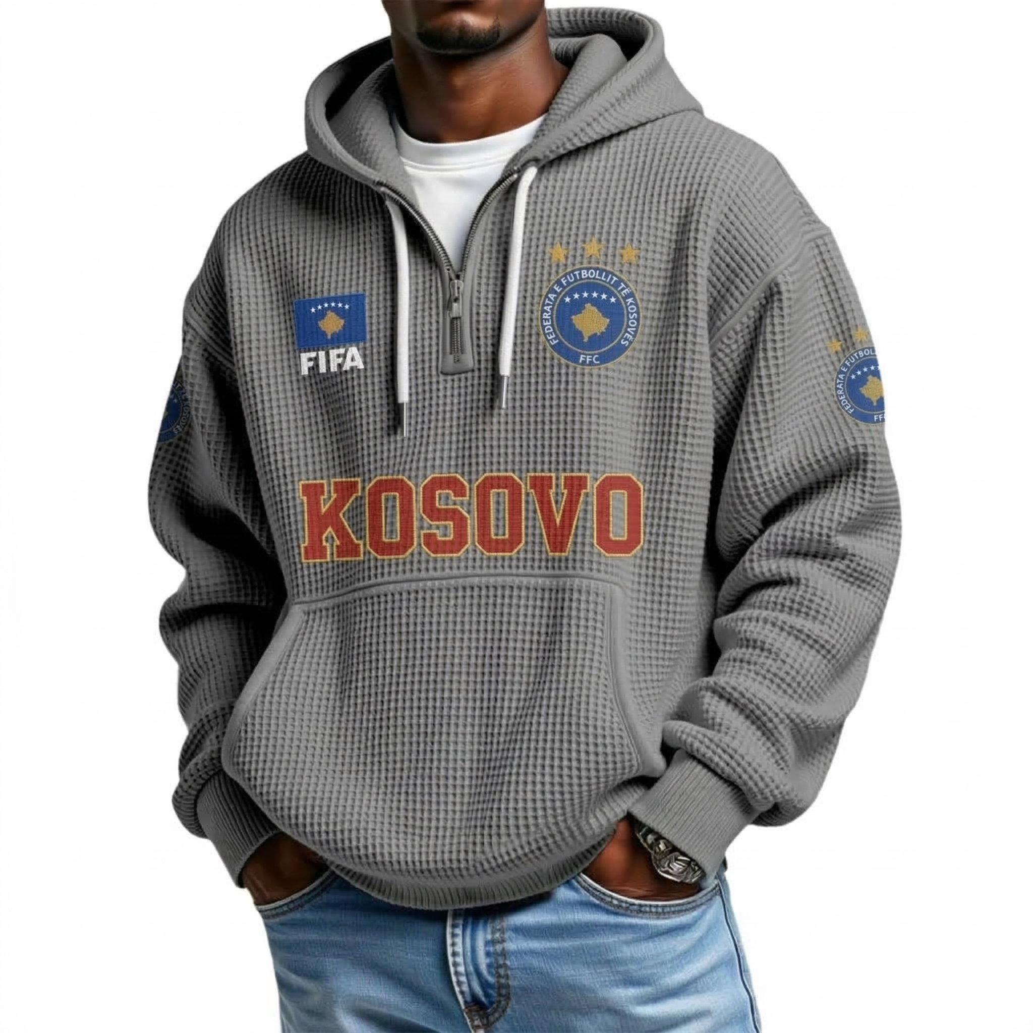 FIFA 2026 Kosovo Printed Waffle Quarter Zip Football Fan Hoodie