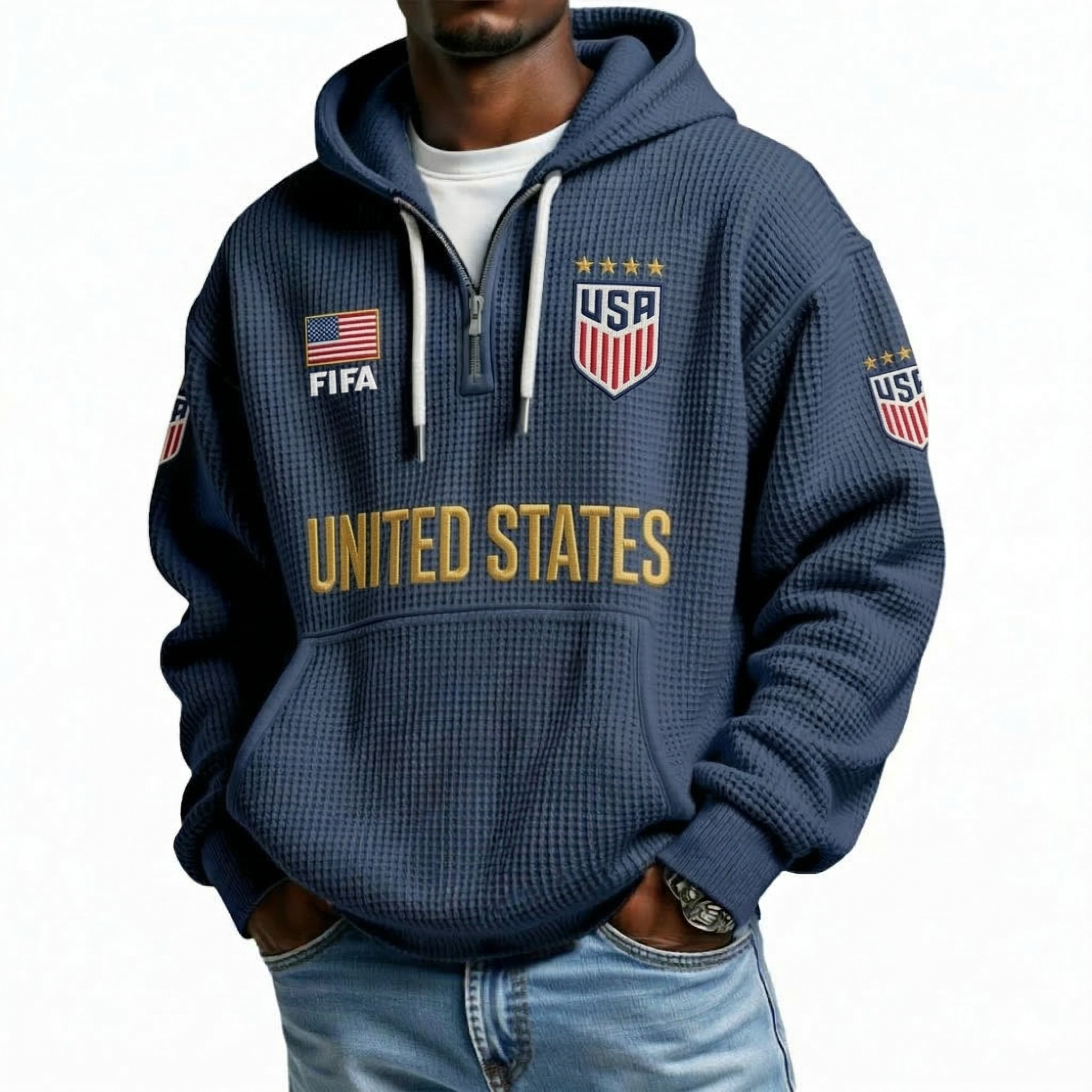 FIFA 2026 United States Printed Waffle Quarter Zip Football Fan Hoodie
