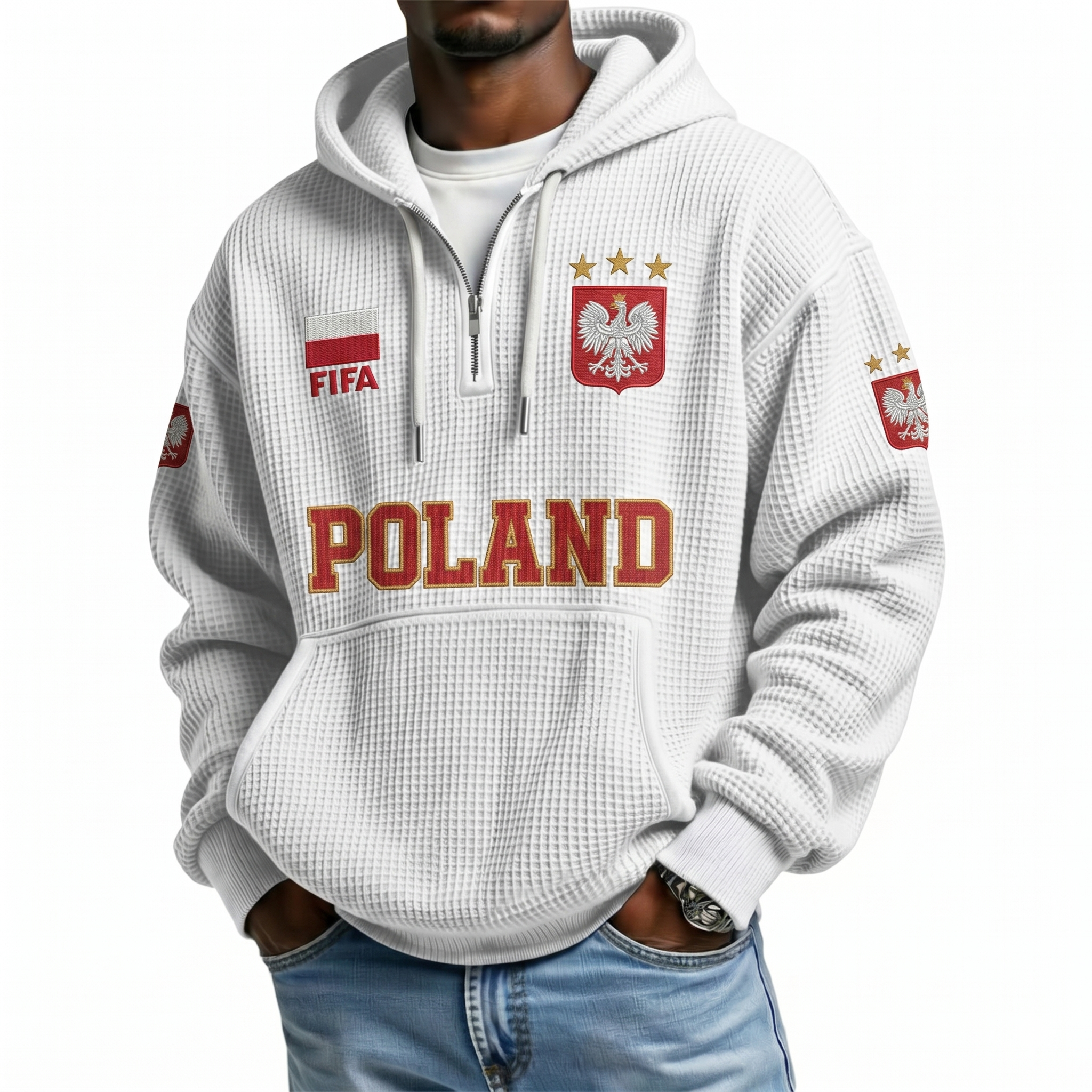 FIFA 2026 Poland Printed Waffle Quarter Zip Football Fan Hoodie