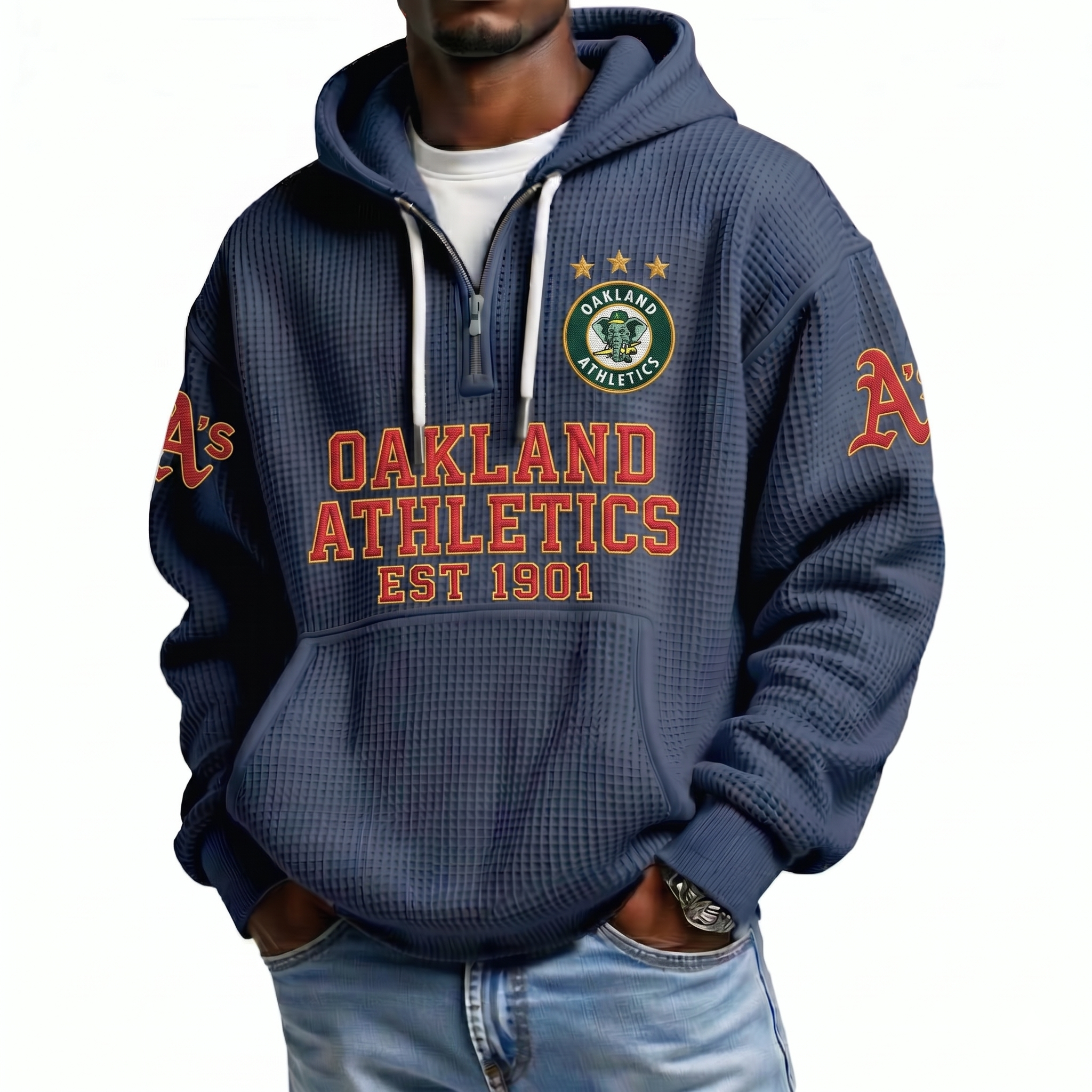 Oakland Athletics EST 1901 Printed Waffle Quarter Zip Baseball Fan Hoodie