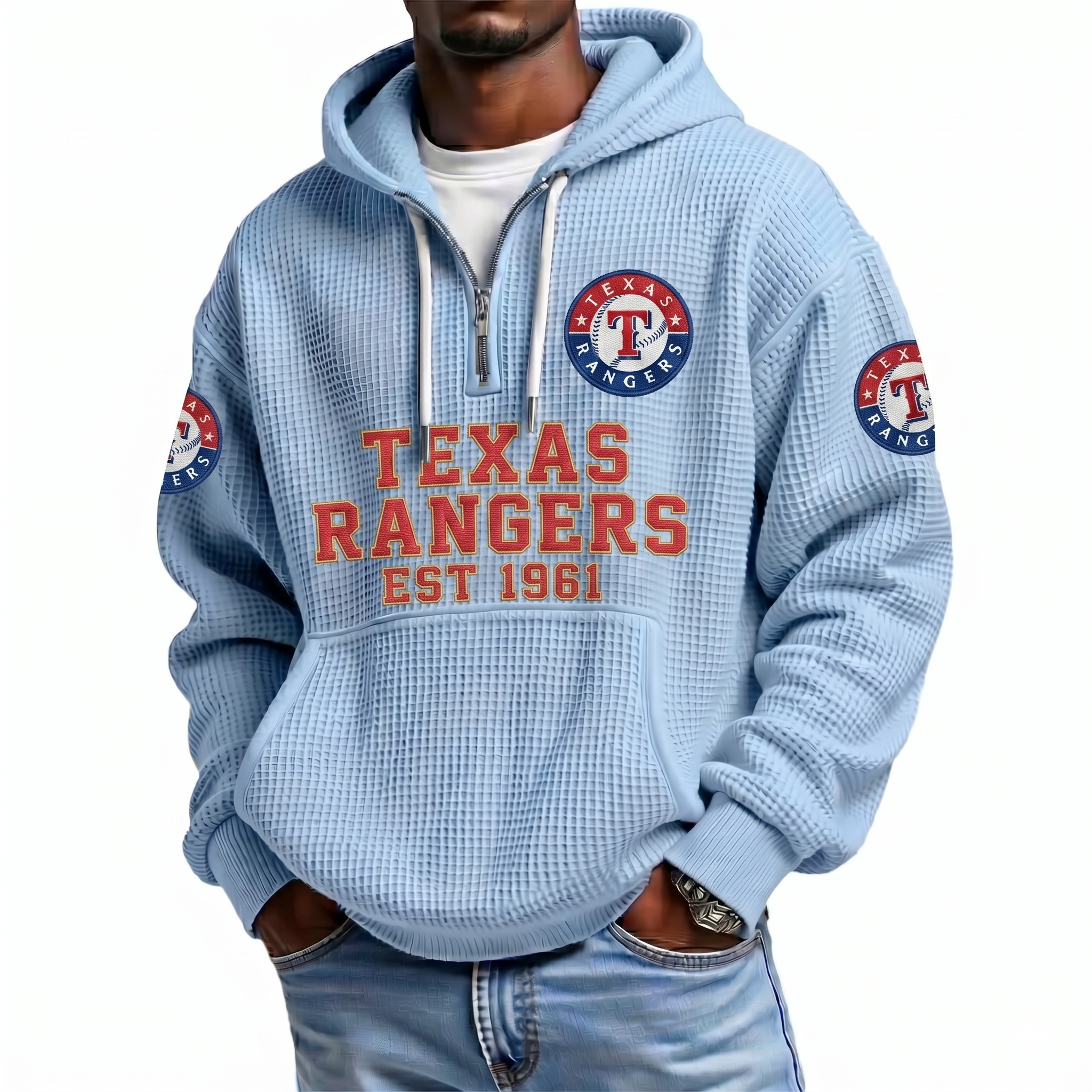 Texas Rangers EST 1961 Printed Waffle Quarter Zip Baseball Fan Hoodie