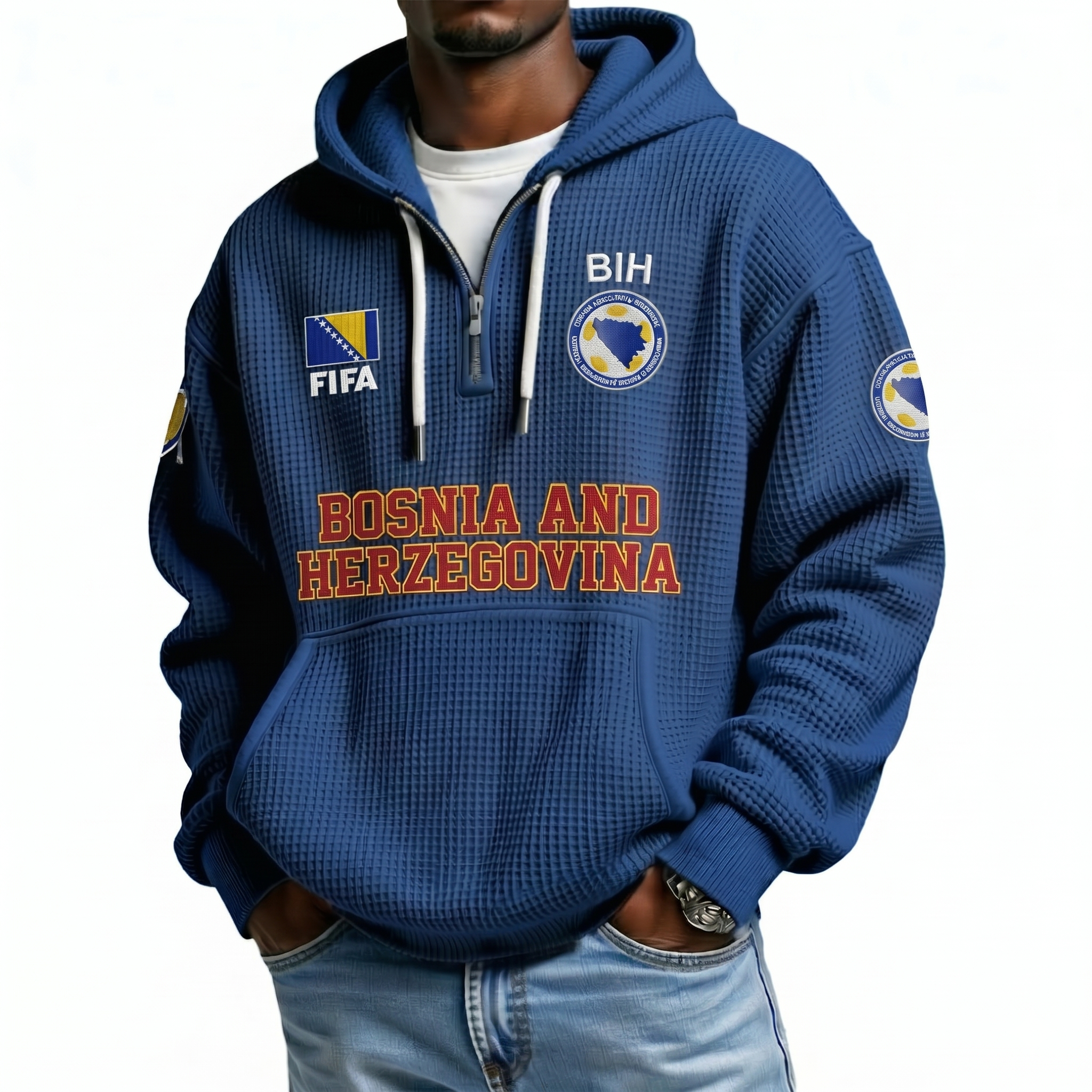 FIFA 2026 Bosnia and Herzegovina Printed Waffle Quarter Zip Football Fan Hoodie