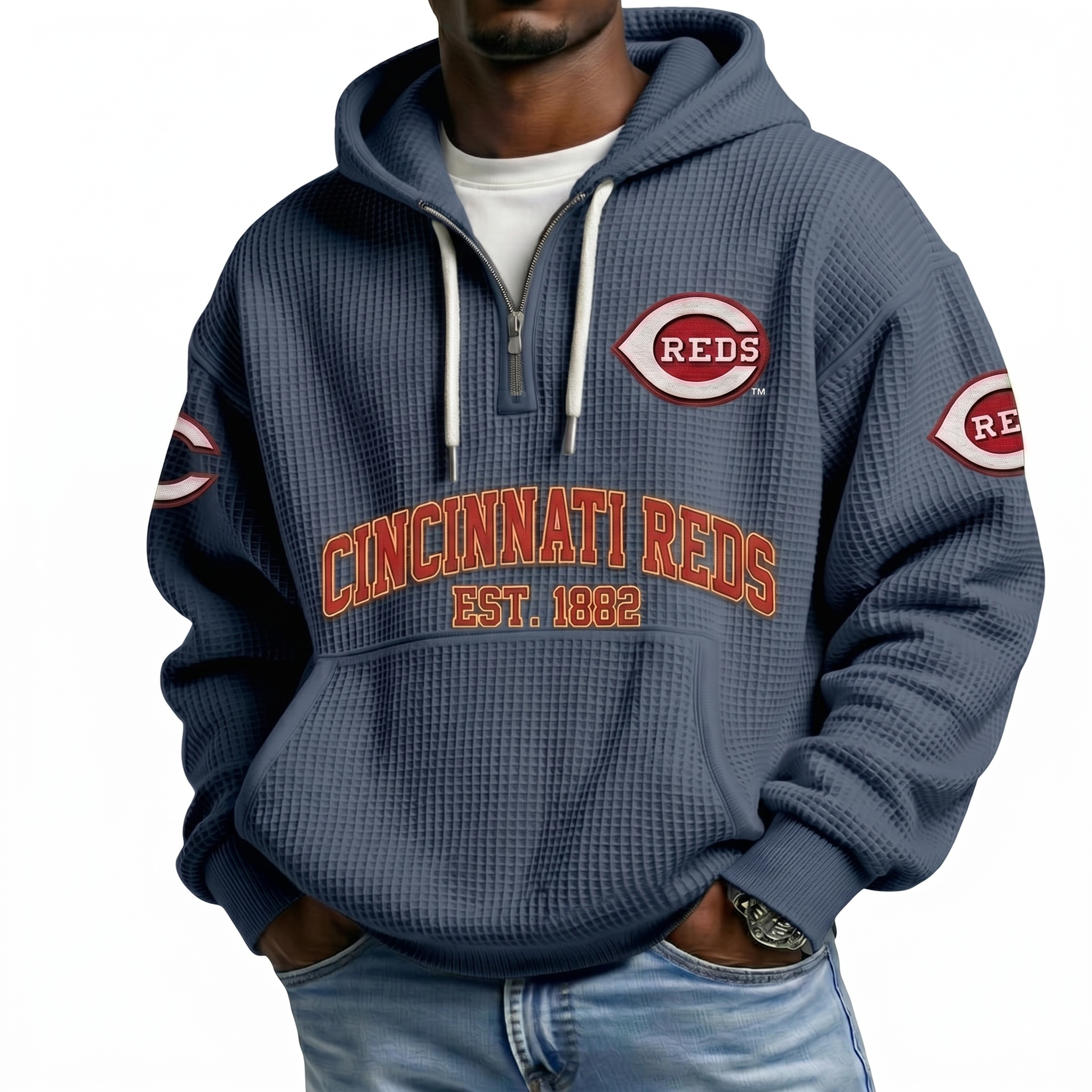 Cincinnati Reds EST 1882 Printed Waffle Quarter Zip Baseball Fan Hoodie