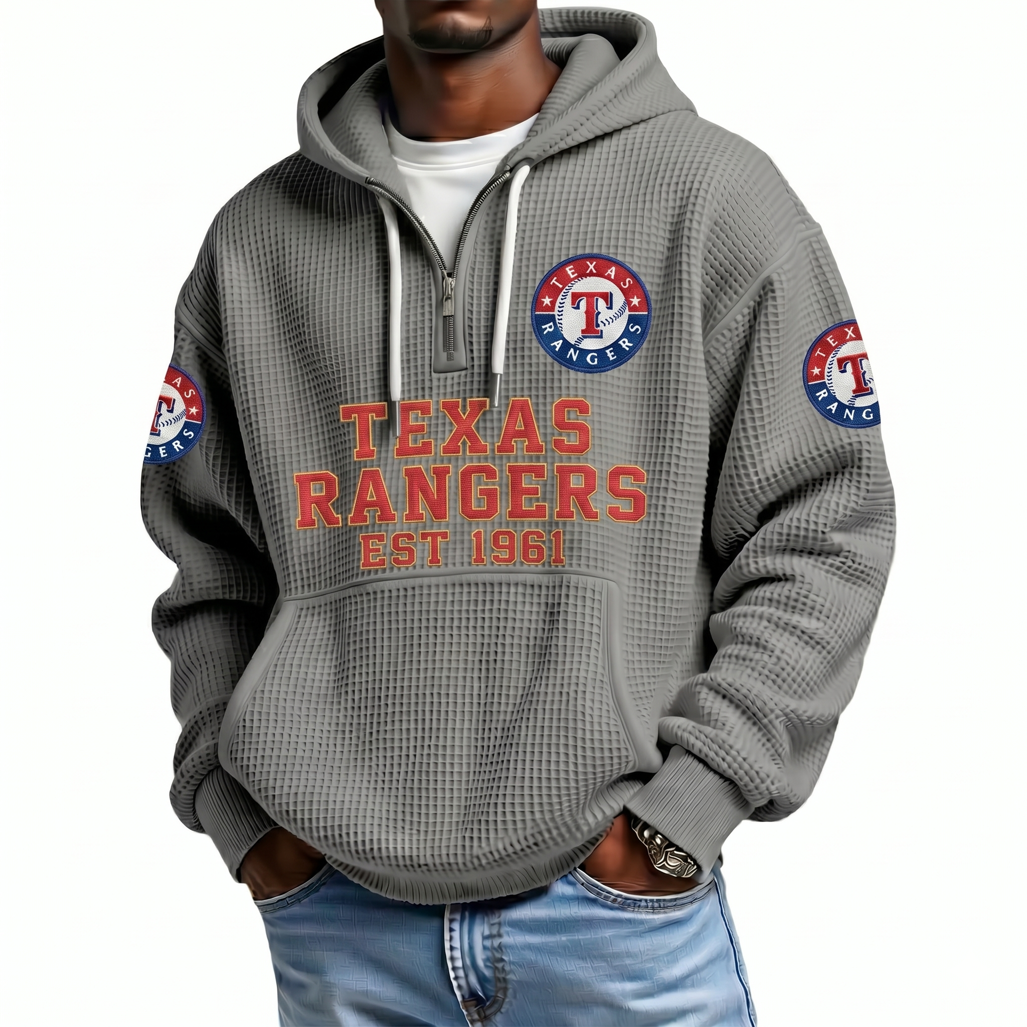 Texas Rangers EST 1961 Printed Waffle Quarter Zip Baseball Fan Hoodie