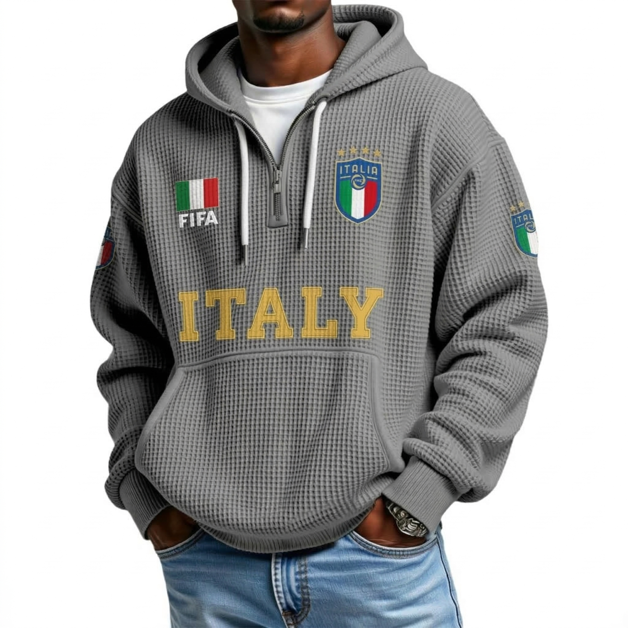 FIFA 2026 Italy Printed Waffle Quarter Zip Football Fan Hoodie
