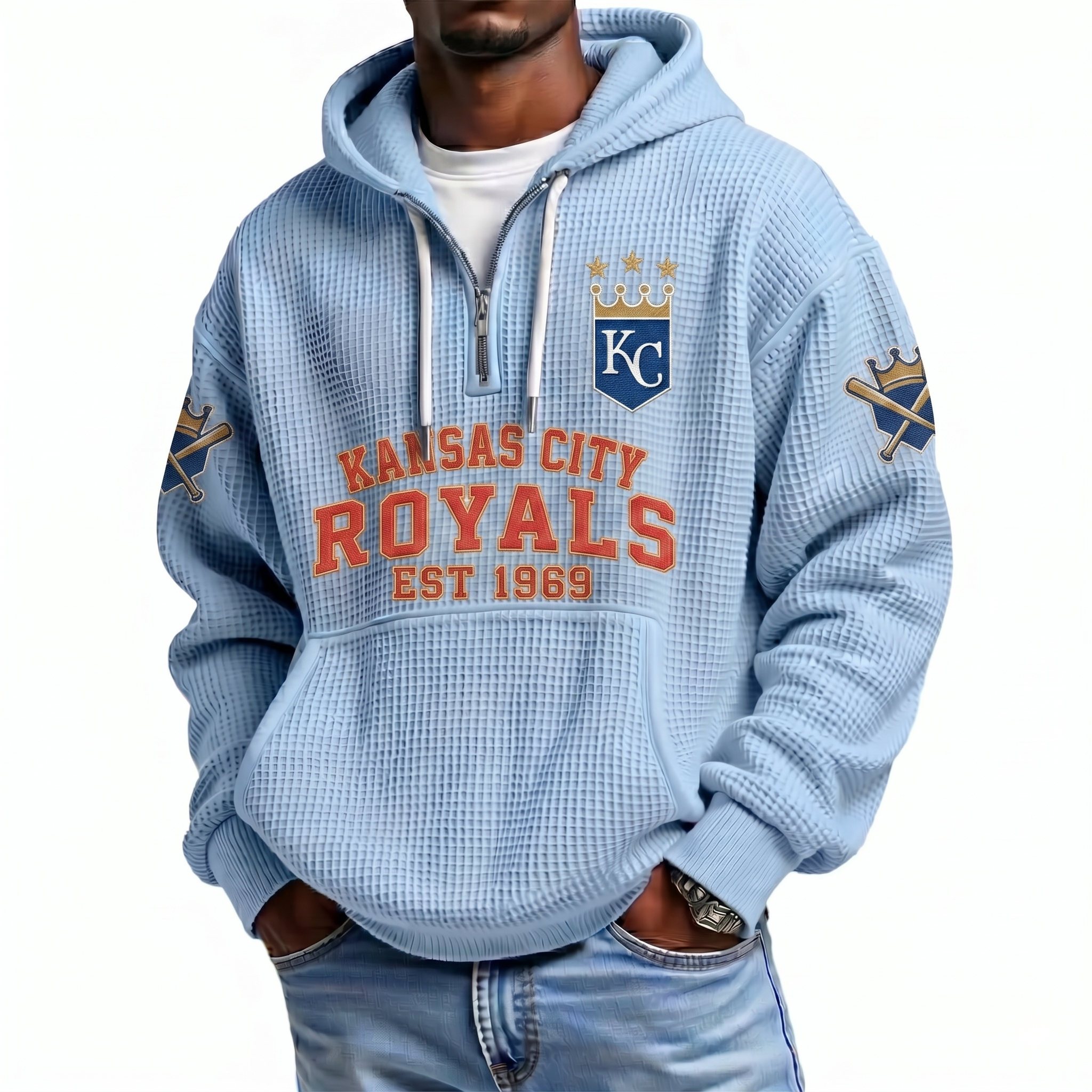 Kansas City Royals EST 1969 Printed Waffle Quarter Zip Baseball Fan Hoodie