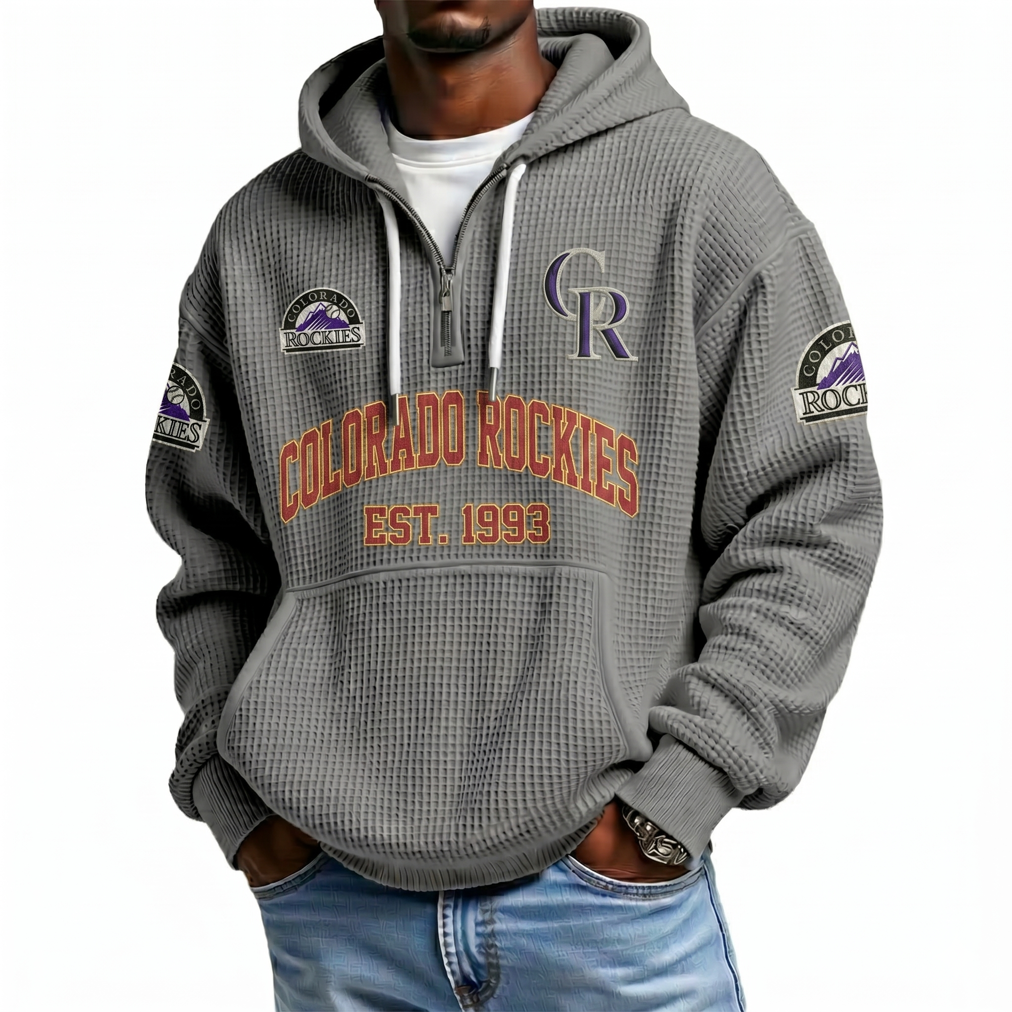 Colorado Rockies EST 1993 Printed Waffle Quarter Zip Baseball Fan Hoodie