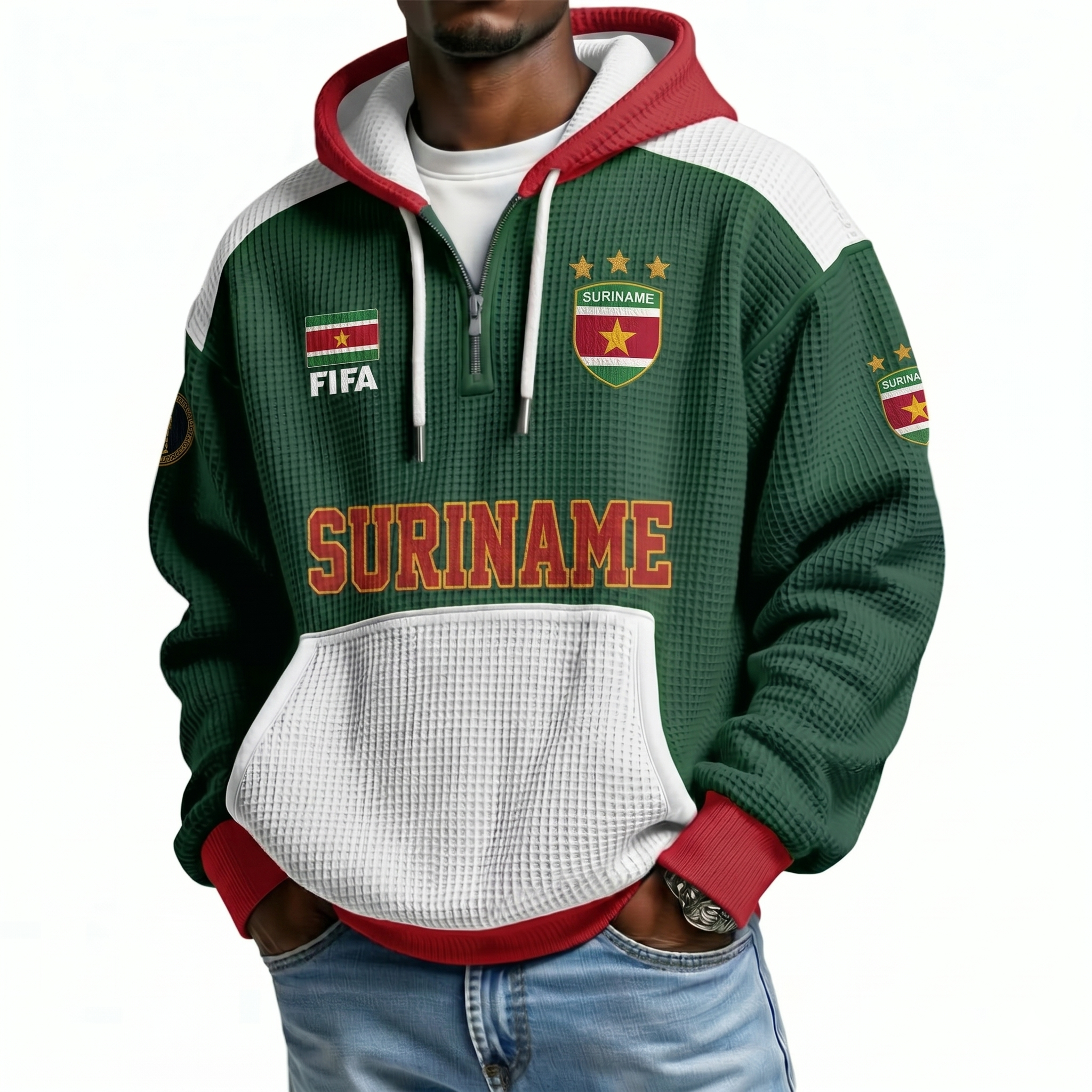FIFA 2026 Suriname Printed Waffle Quarter Zip Football Fan Hoodie