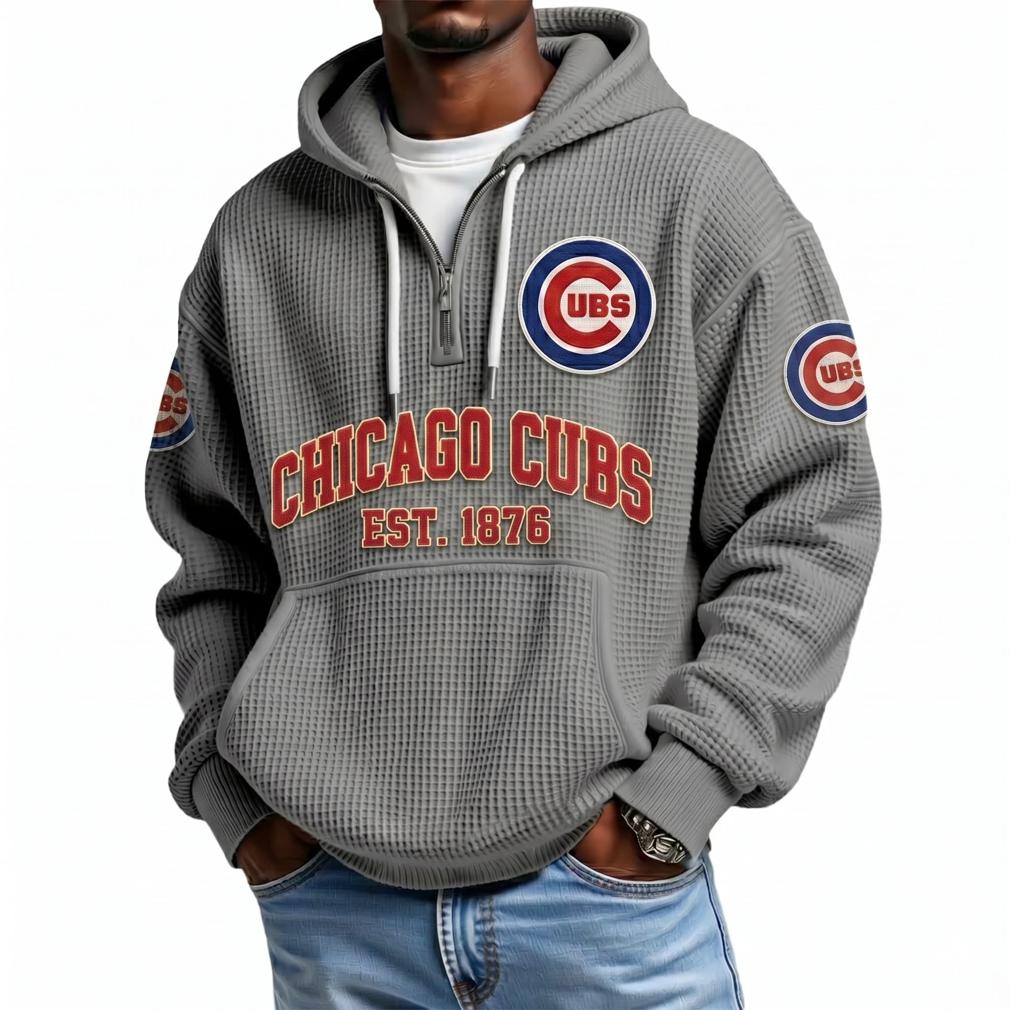 Chicago Cubs EST 1876 Printed Waffle Quarter Zip Baseball Fan Hoodie