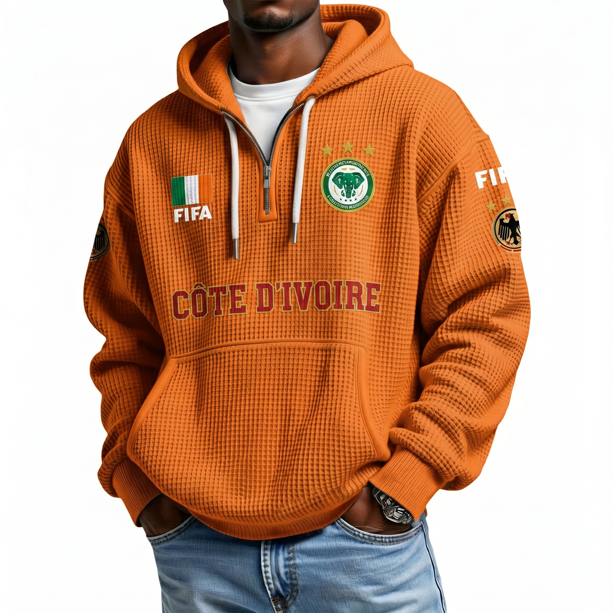 FIFA 2026 Côte d'Ivoire Printed Waffle Quarter Zip Football Fan Hoodie