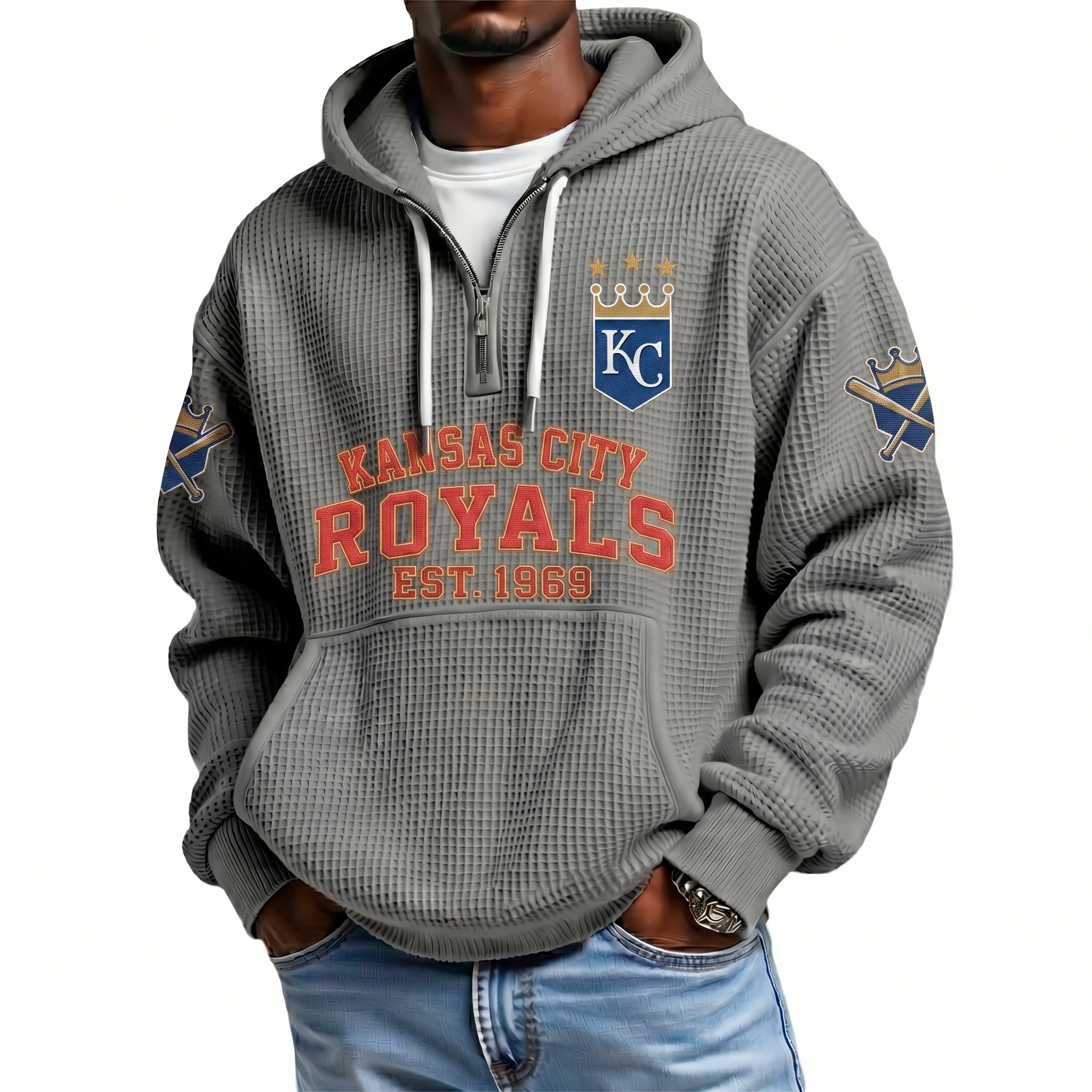 Kansas City Royals EST 1969 Printed Waffle Quarter Zip Baseball Fan Hoodie