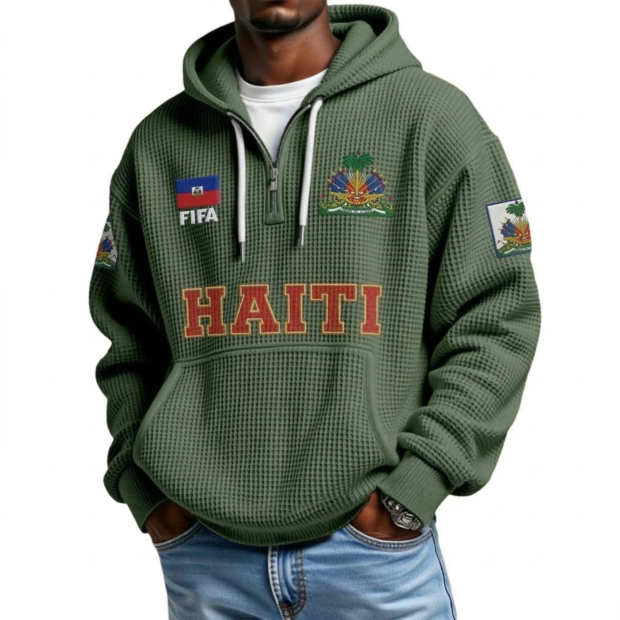 FIFA 2026 Haiti Printed Waffle Quarter Zip Football Fan Hoodie
