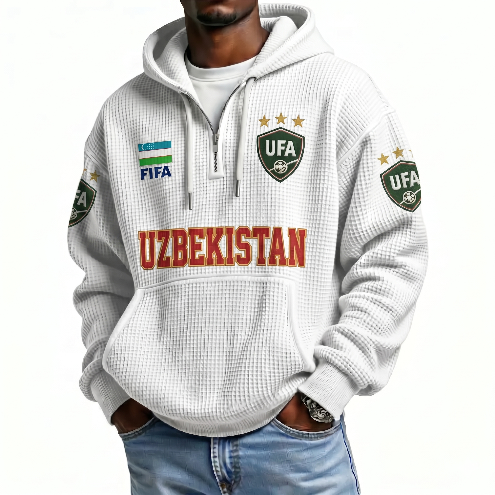 FIFA 2026 Uzbekistan Printed Waffle Quarter Zip Football Fan Hoodie