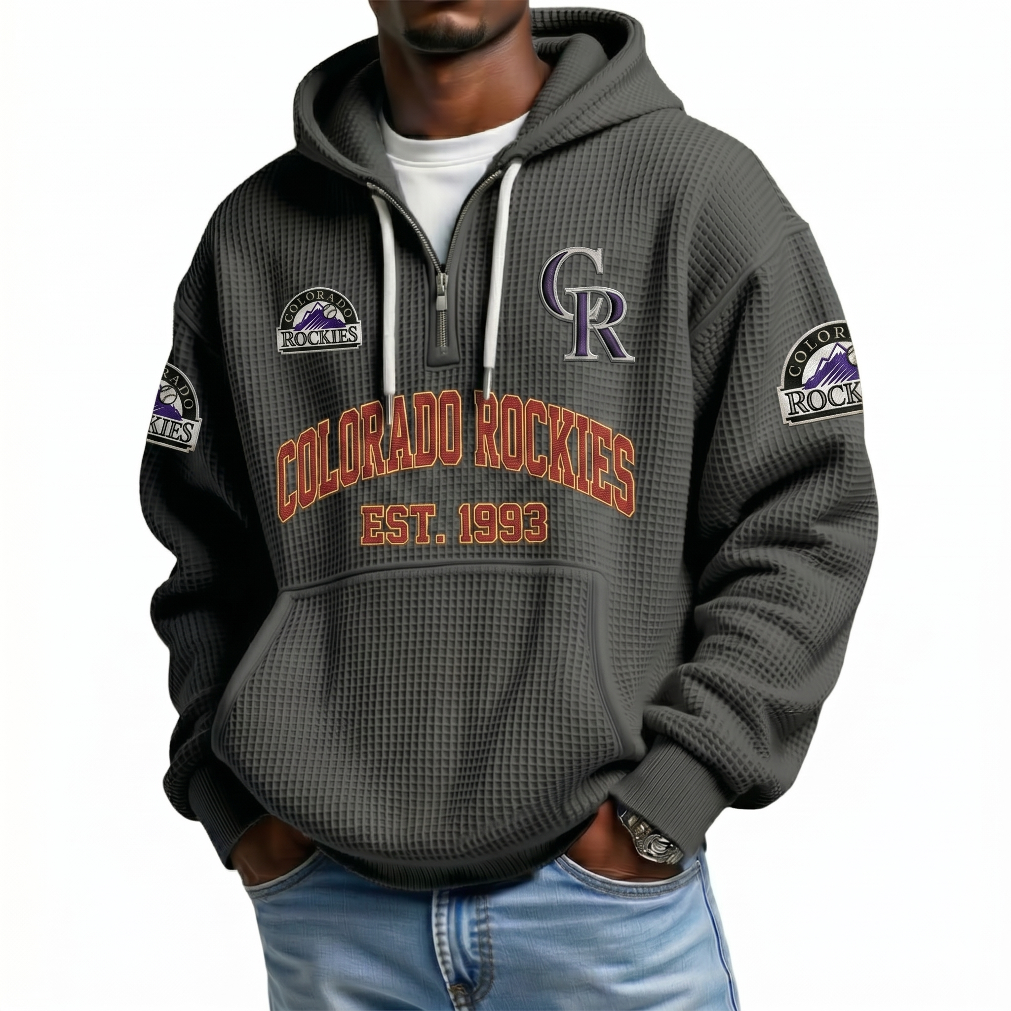 Colorado Rockies EST 1993 Printed Waffle Quarter Zip Baseball Fan Hoodie