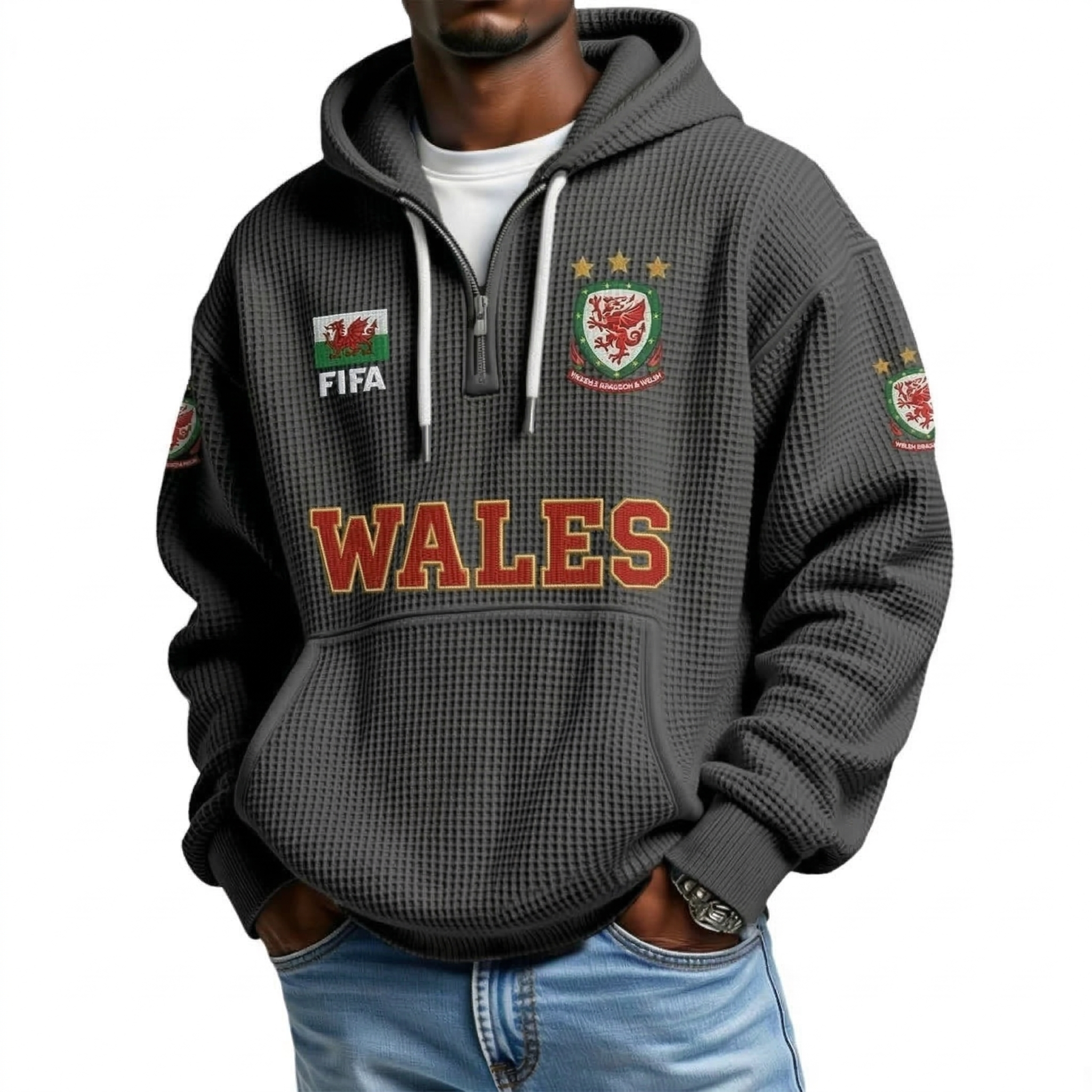 FIFA 2026 Wales Printed Waffle Quarter Zip Football Fan Hoodie